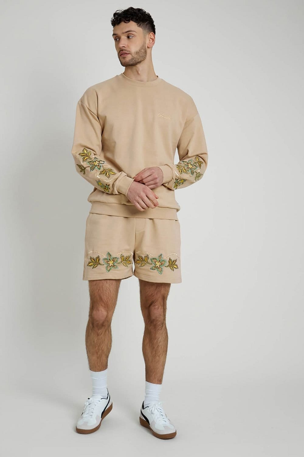 Native Youth Native Youth Men's Cotton Blend Floral Embroidered Crew Neck Long Sleeve Sweatshirt in Peach - 4