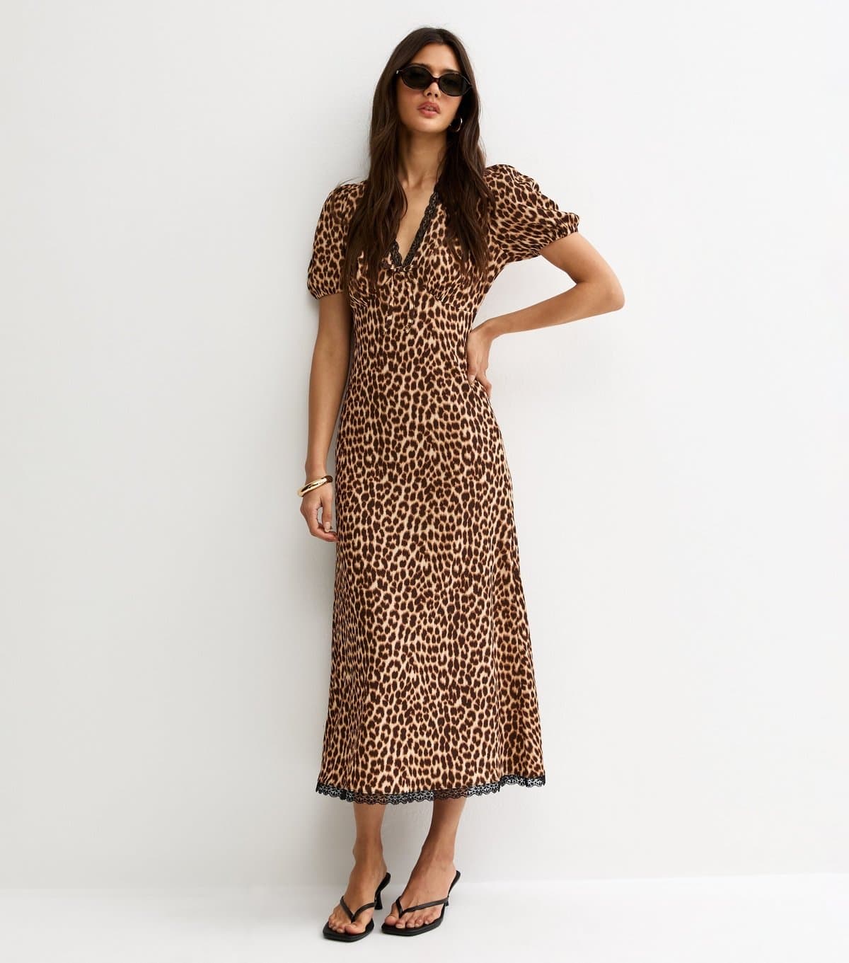 New Look Women's Brown Animal Print Lace Trim Midi Dress New Look