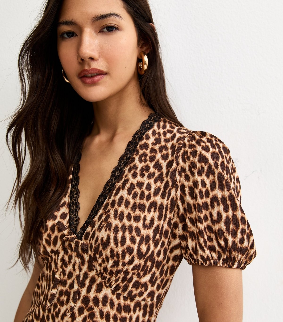 New Look Women's Brown Animal Print Lace Trim Midi Dress New Look - 2