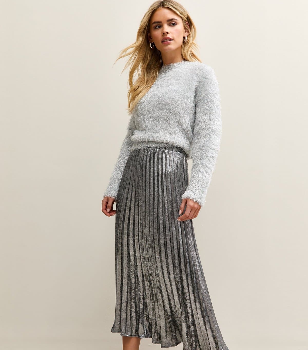 New Look Women's Petite Silver Foil Pleated Midi Skirt New Look