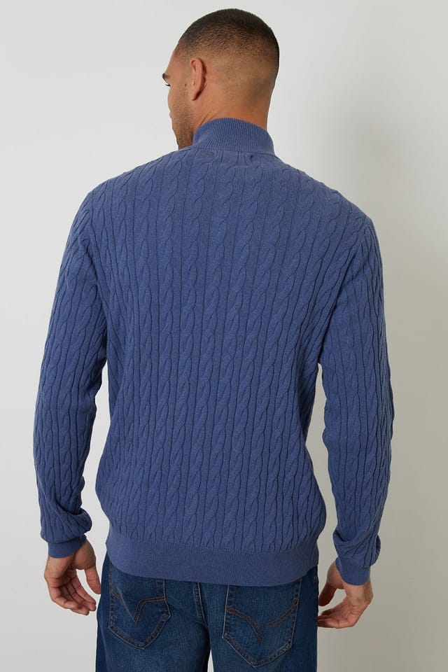 Threadbare Threadbare Men's Cable Knit Quarter Zip Jumper in Blue - 2