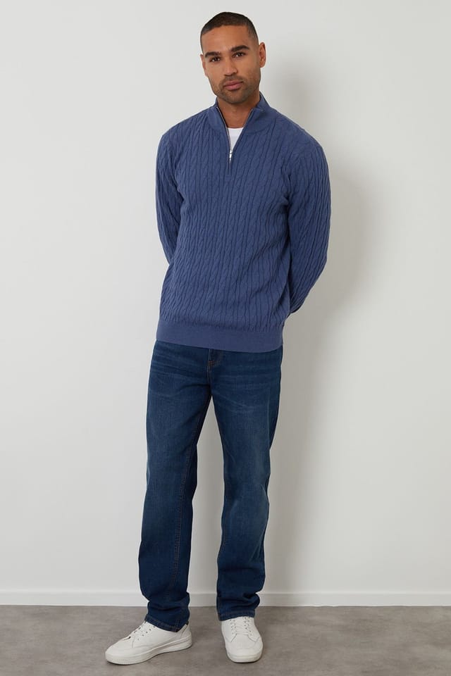 Threadbare Threadbare Men's Cable Knit Quarter Zip Jumper in Blue - 3