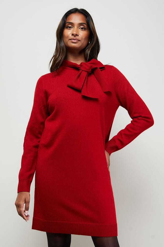 Oasis Oasis Women's Pussy Bow Knitted Mini Dress in Red - 2