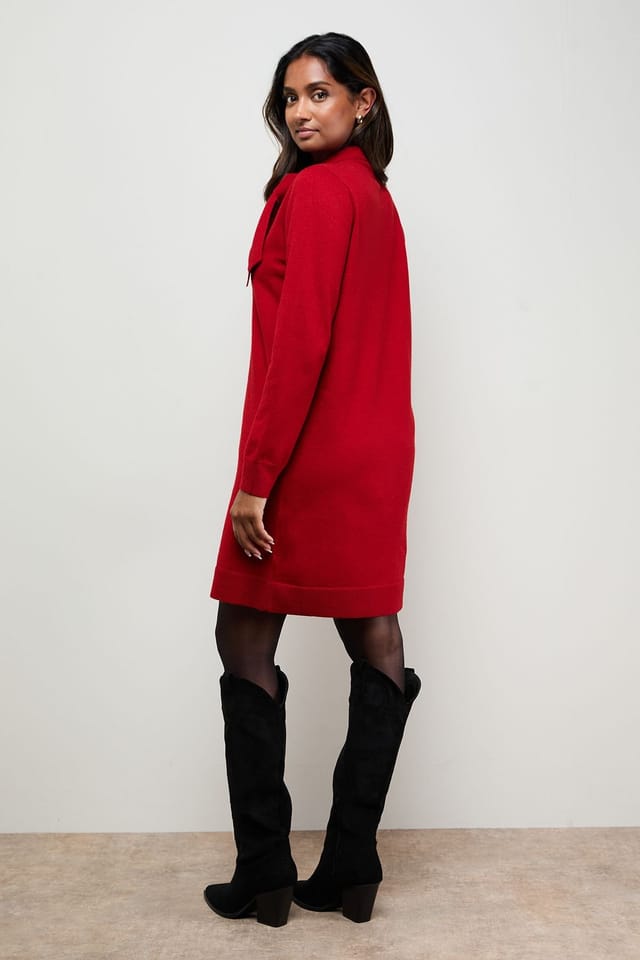 Oasis Oasis Women's Pussy Bow Knitted Mini Dress in Red - 3