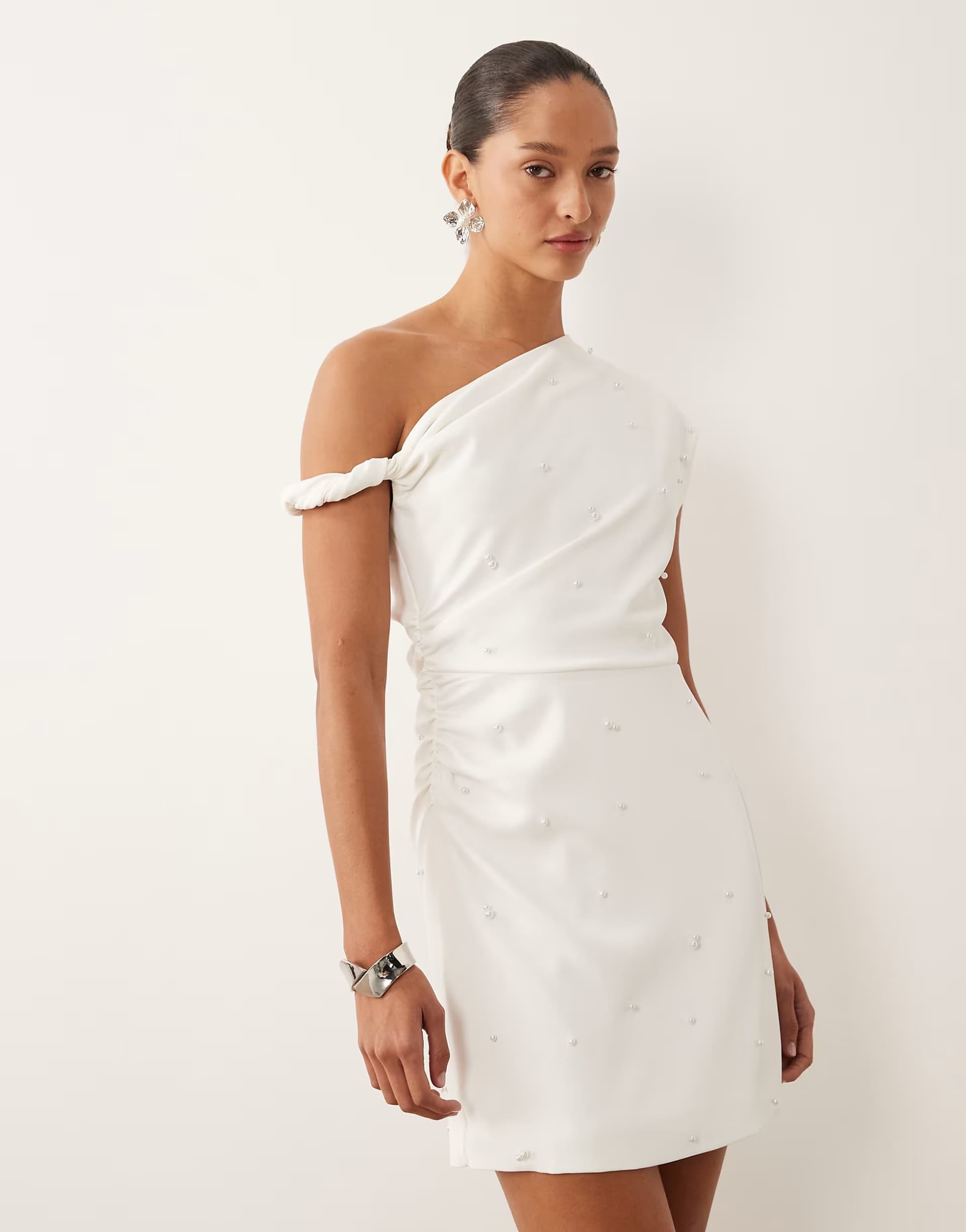 ASOS Six Stories Bridal fallen shoulder pearl detail mini dress in white
