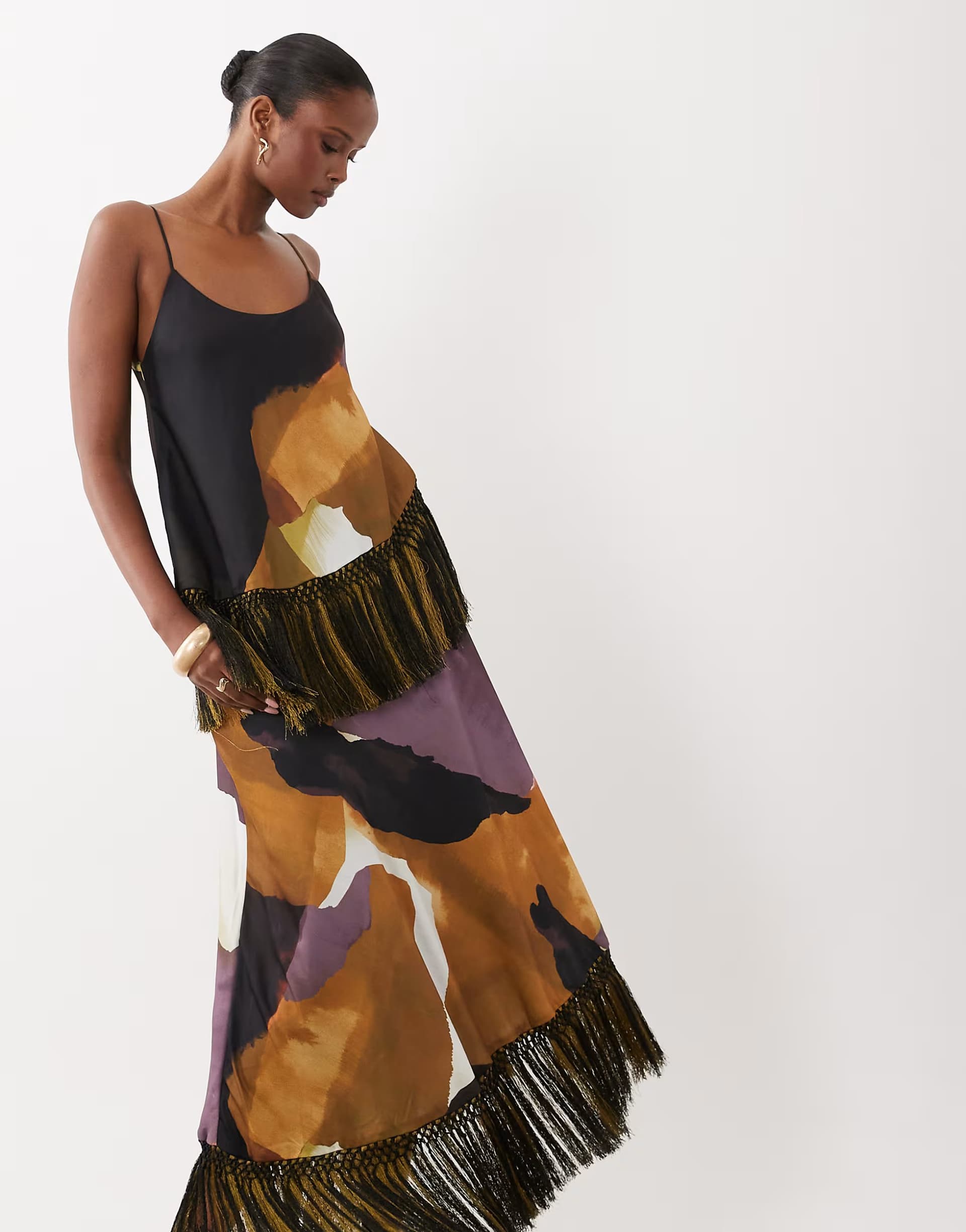 ASOS ASOS DESIGN double tier layered two tone fringe satin cami maxi dress in abstract print
