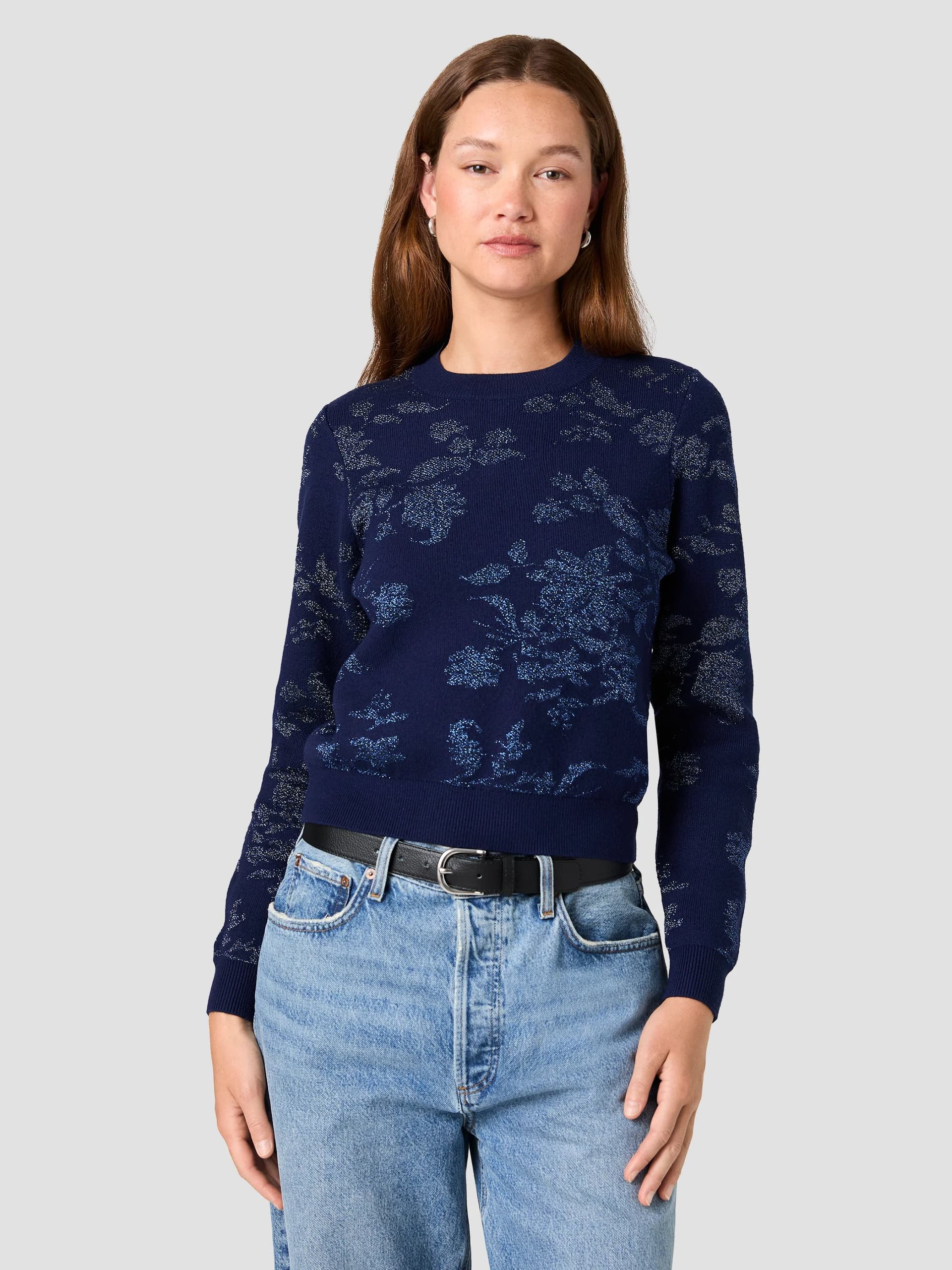 French Connection Rory Navy Metallic Floral Jacquard Jumper Cosmic Indigo