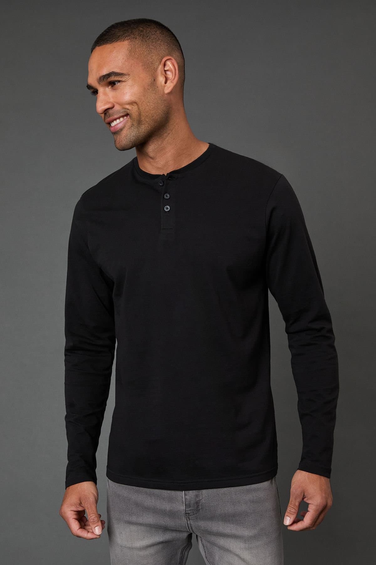Burton Burton Men's Black Long Sleeve Grandad Neck T-Shirt