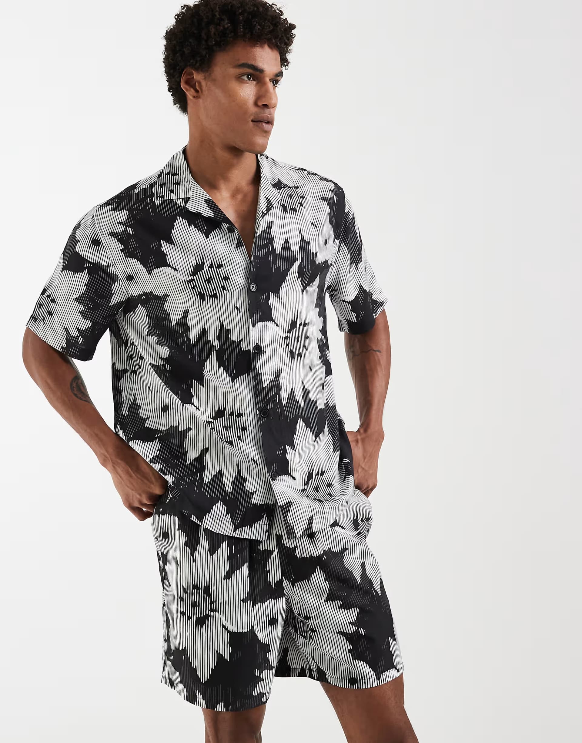 ASOS ASOS DESIGN co-ord relaxed revere shirt with floral print in black