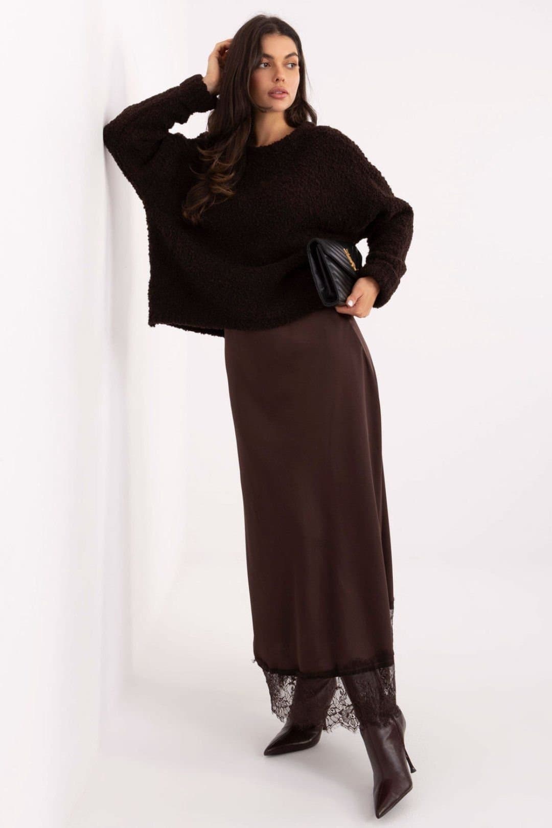 Love Lace Love Lace Women's Satin Lace Maxi Skirt with Elastic Waist in Brown