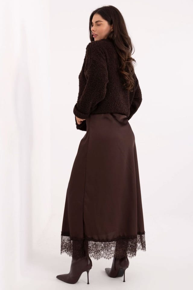 Love Lace Love Lace Women's Satin Lace Maxi Skirt with Elastic Waist in Brown - 3