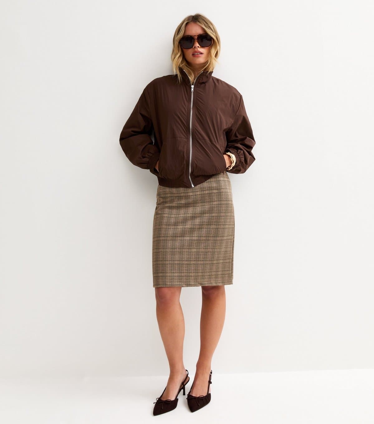 New Look Women's Petite Dark Grey Jacquard Checked Pencil Skirt New Look