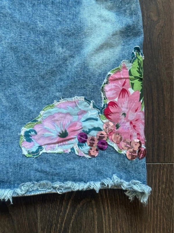 George Vintage Y2K floral appliqué embellished denim mini skirt - UK 16