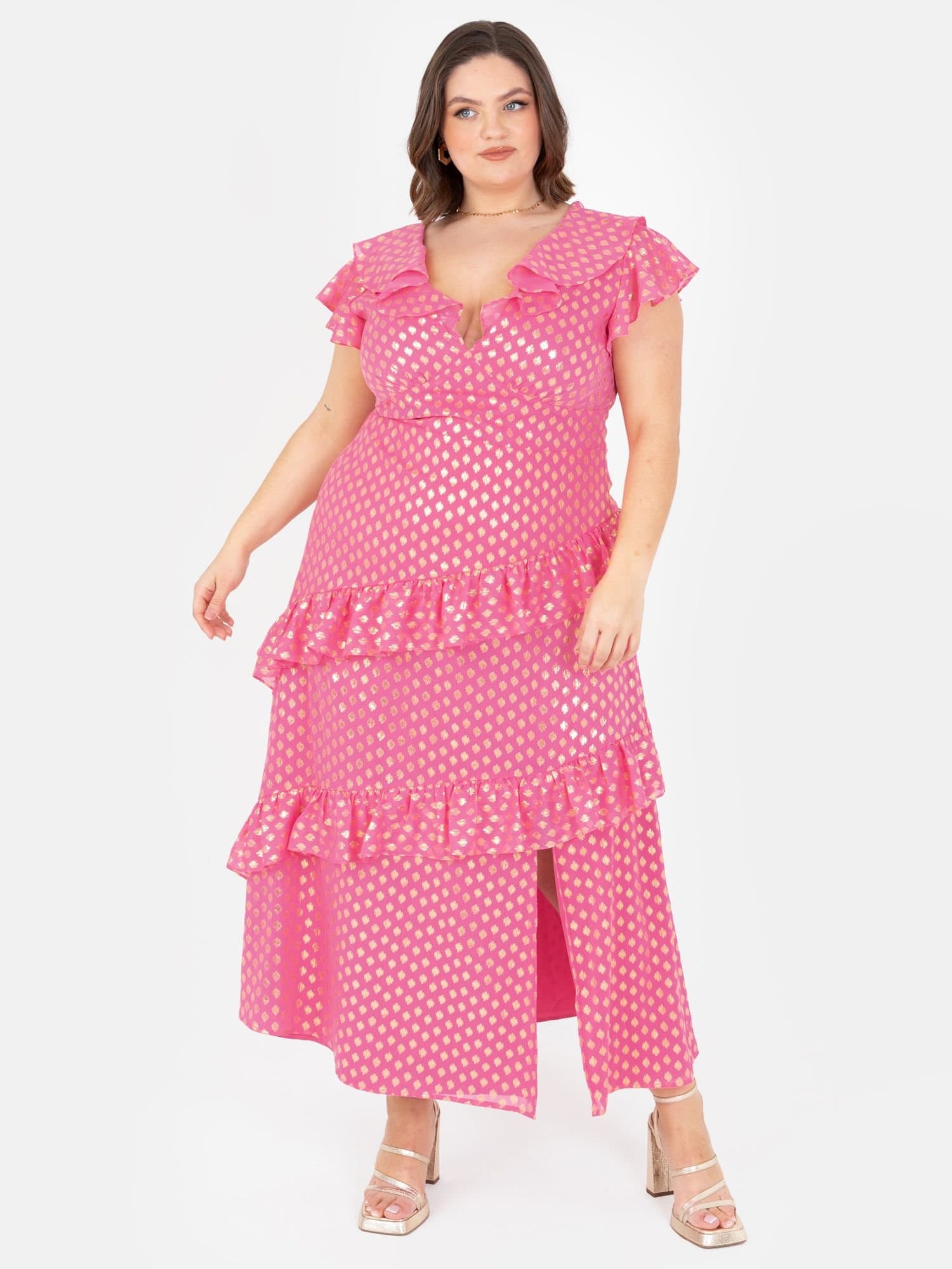 Lovedrobe Lovedrobe Women's Flutter Sleeve V Neck Ruffle Midaxi Dress in Pink