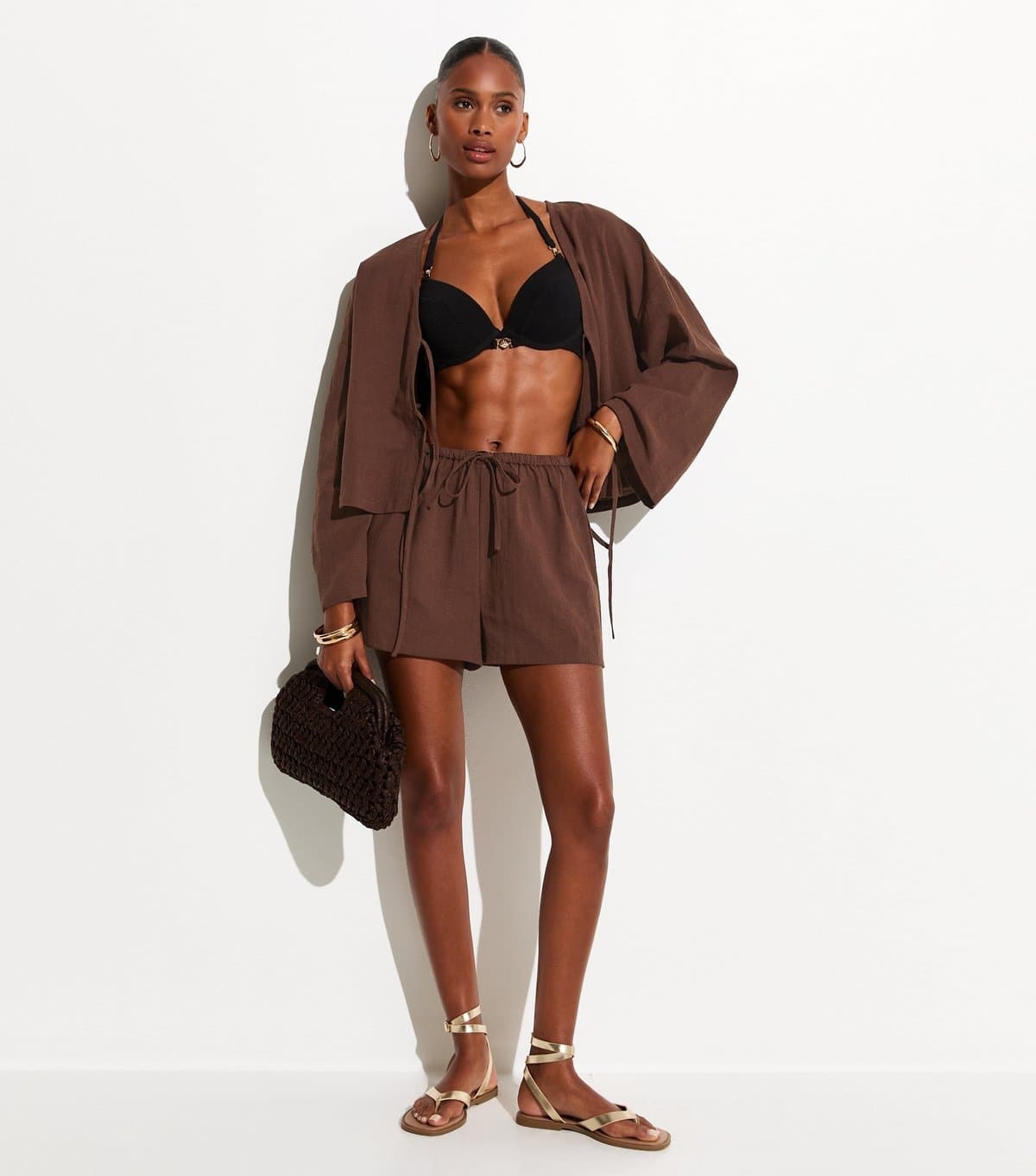 New Look Women's Brown Cotton Slub Beach Shorts New Look