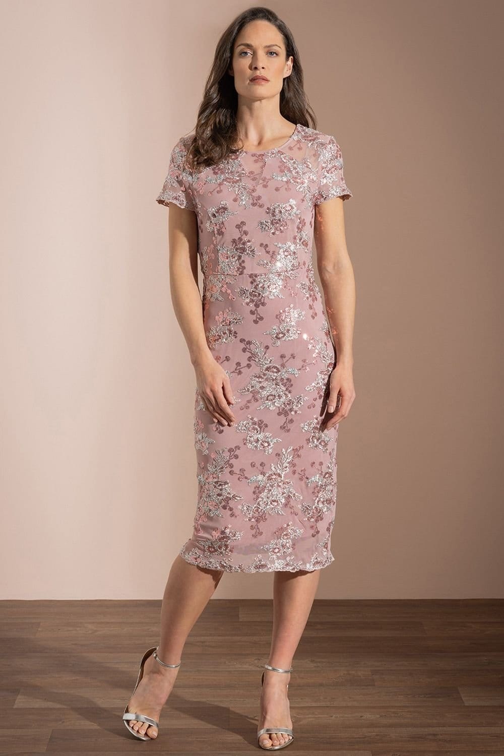 Klass Pink Embellished Mesh Evening Dress