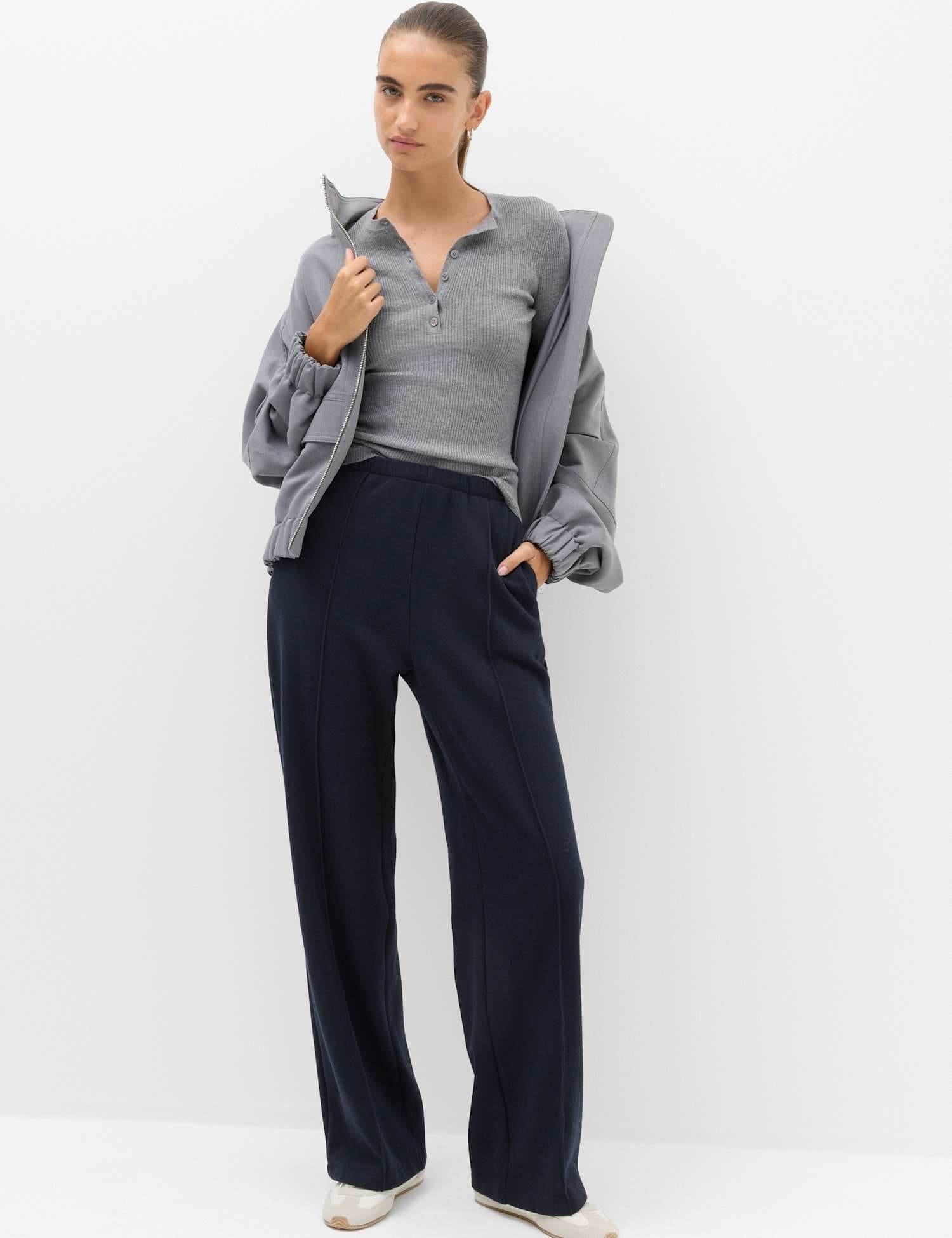 Marks & Spencer M&S Cotton Rich Pintuck Wide Leg Trousers Navy