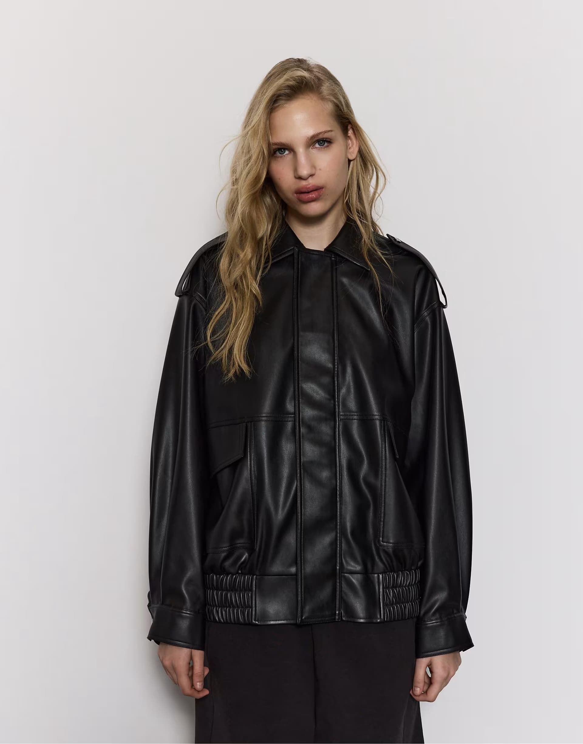 ASOS Stradivarius Oversize leather effect biker jacket in black