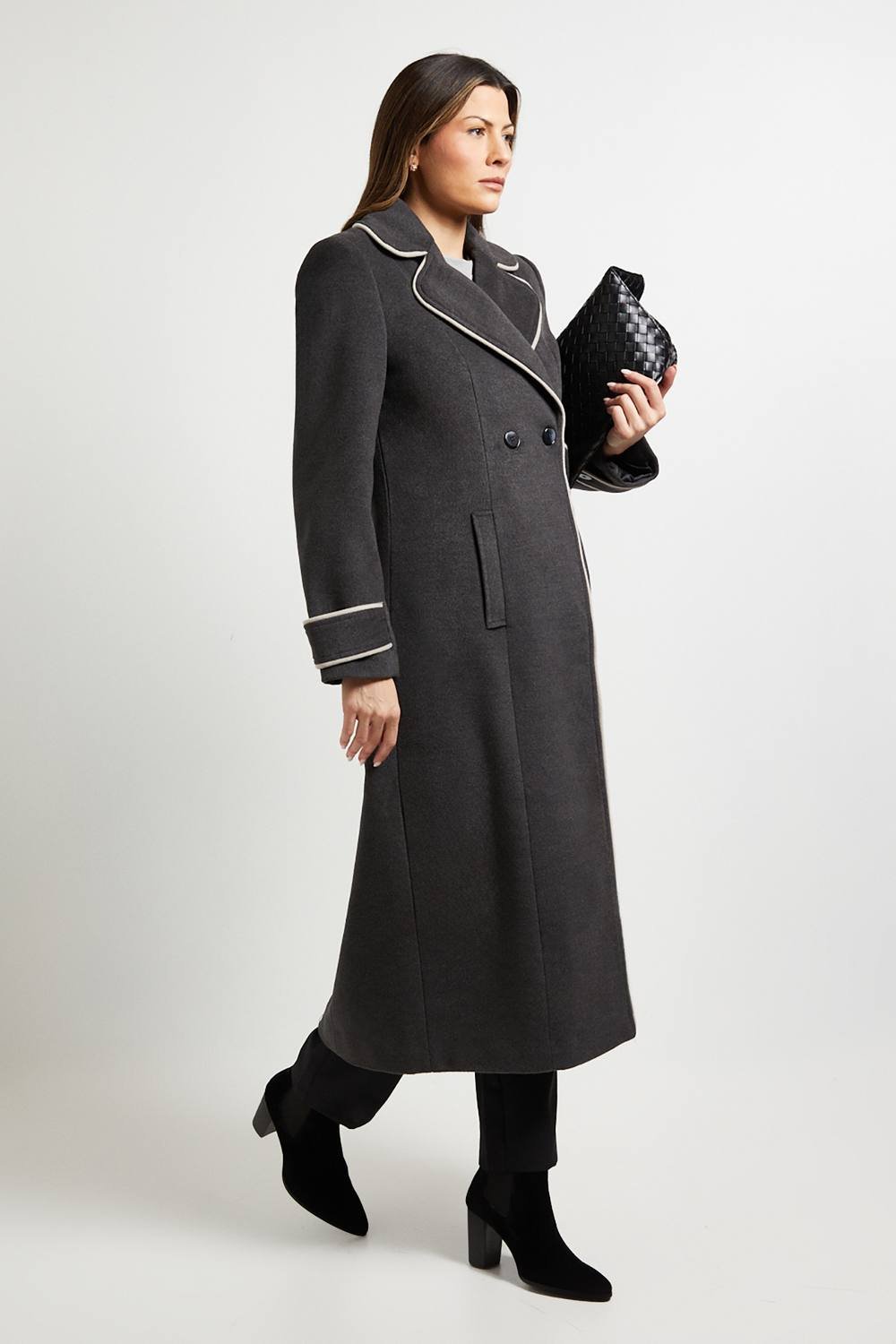 Wallis Wallis Women's Principles by Contrast Piping Coat in Charcoal - 2