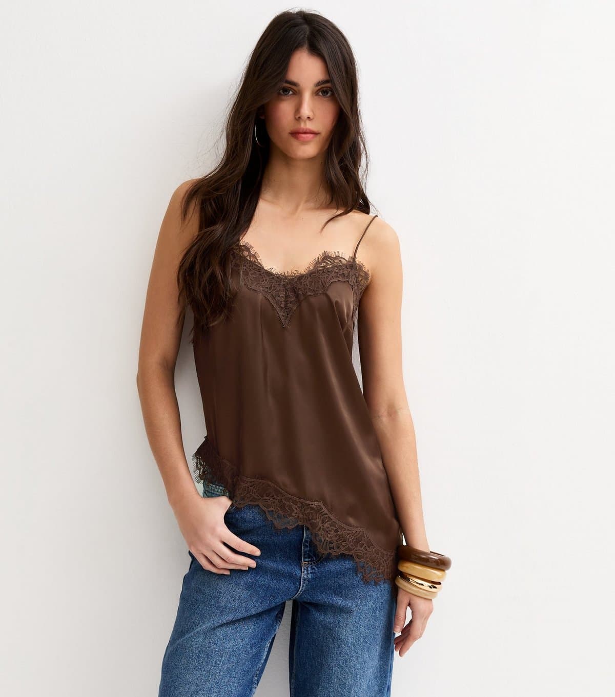 New Look Women's Dark Brown Satin Asymmetric Lace Hem Cami Top New Look