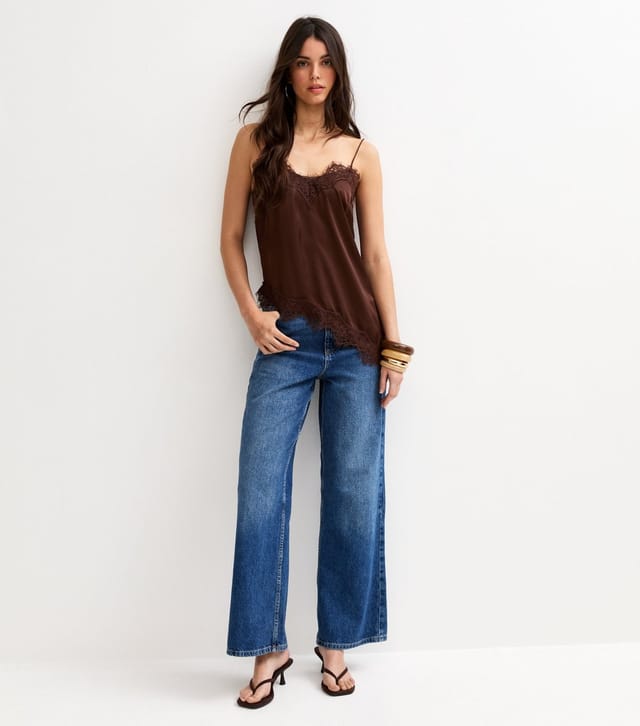 New Look Women's Dark Brown Satin Asymmetric Lace Hem Cami Top New Look - 2