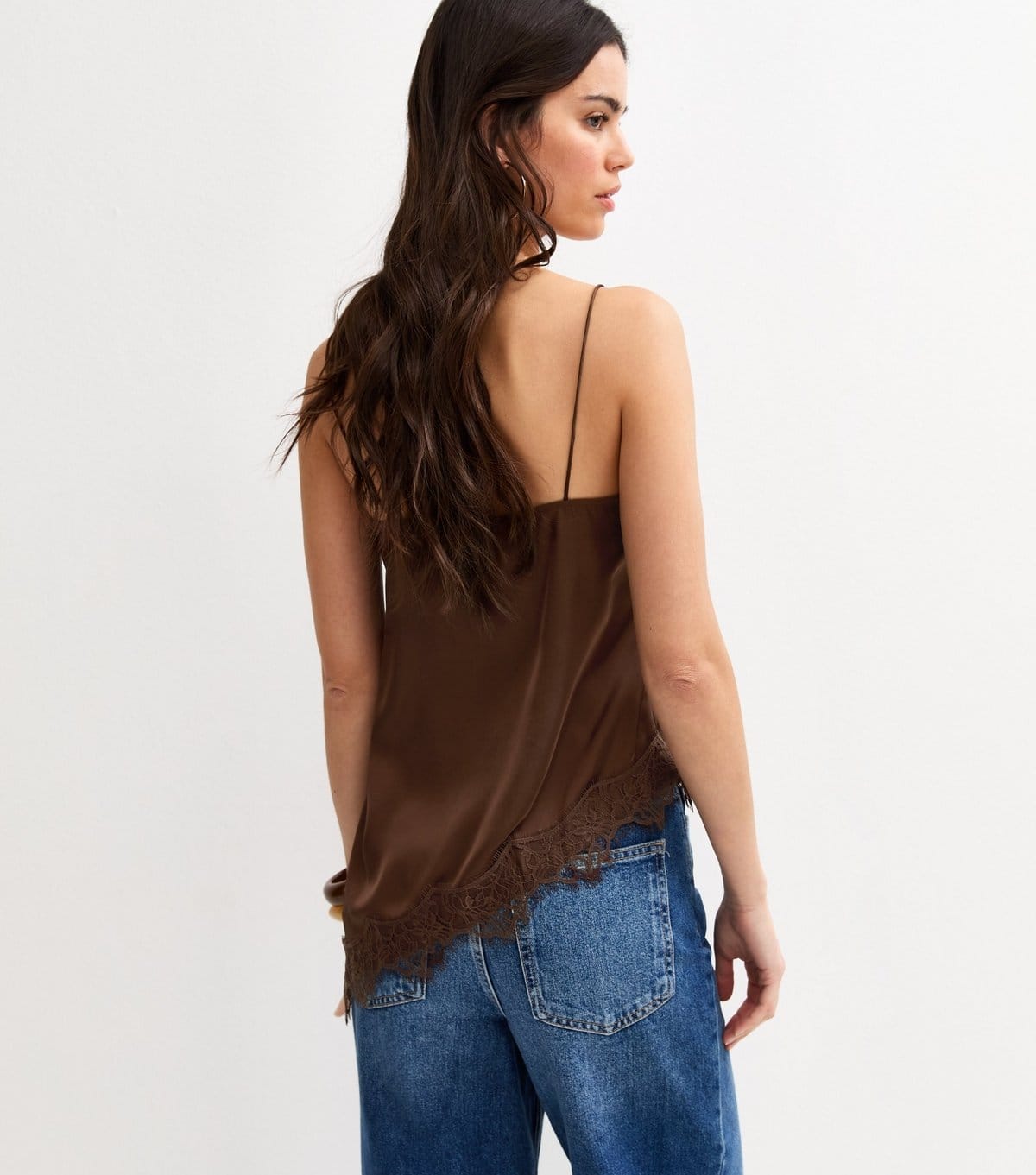 New Look Women's Dark Brown Satin Asymmetric Lace Hem Cami Top New Look - 4