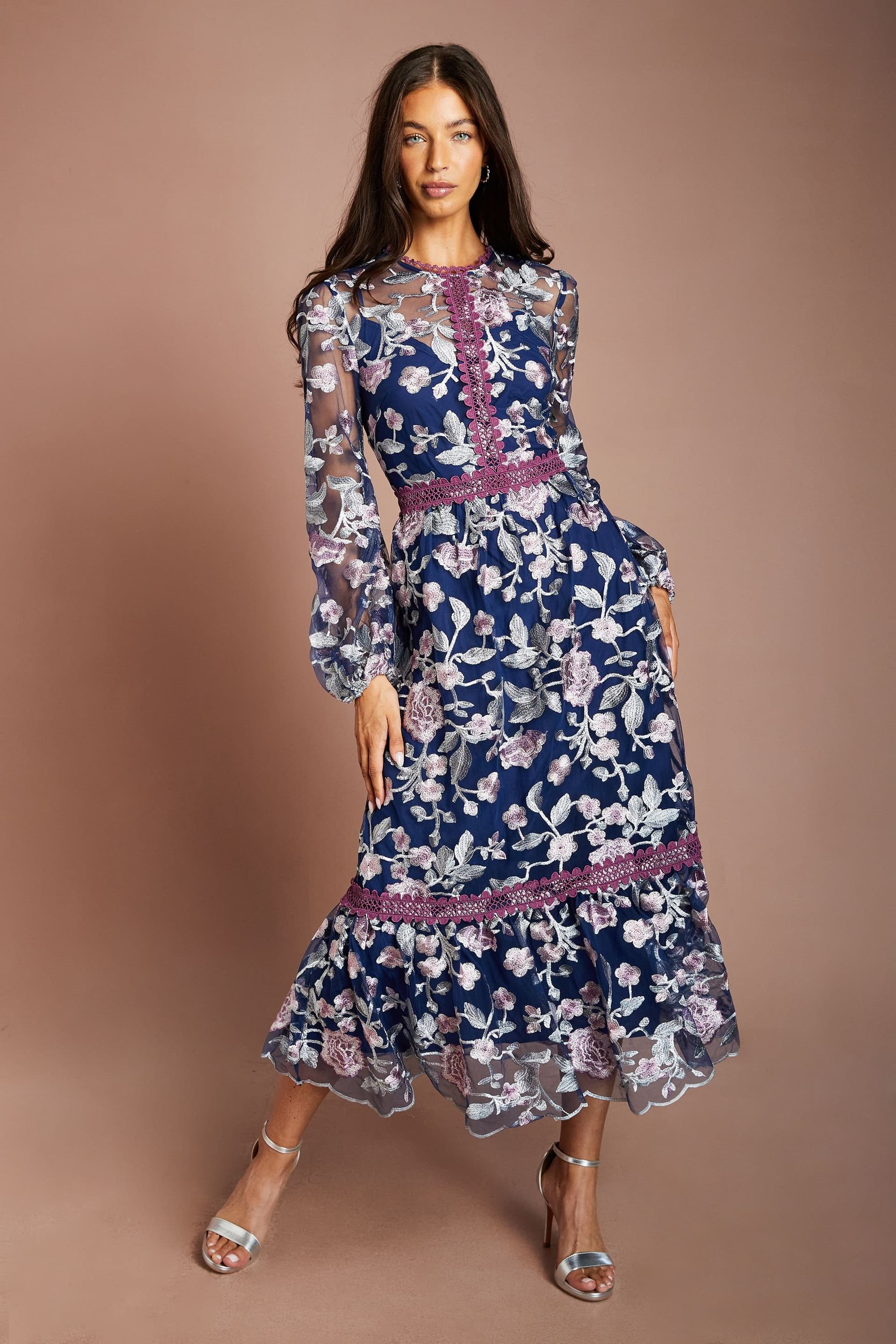 Coast Coast Women's Embroidered Mesh Long Sleeve Midi Dress in Navy