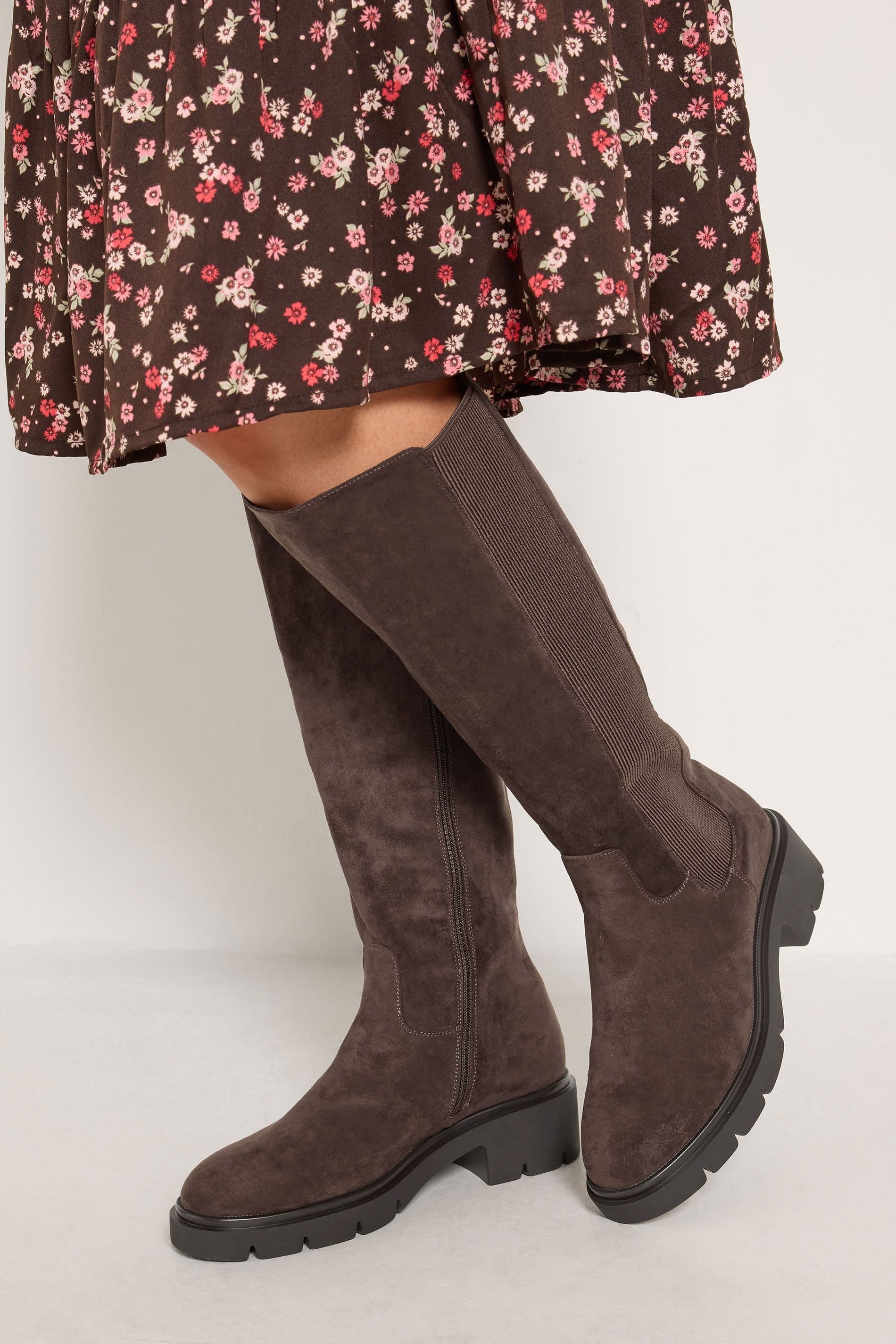 Yours Yours Women's Knee High Cleated Chelsea Boots In Wide E & Extra Wide EEE Fit in Brown