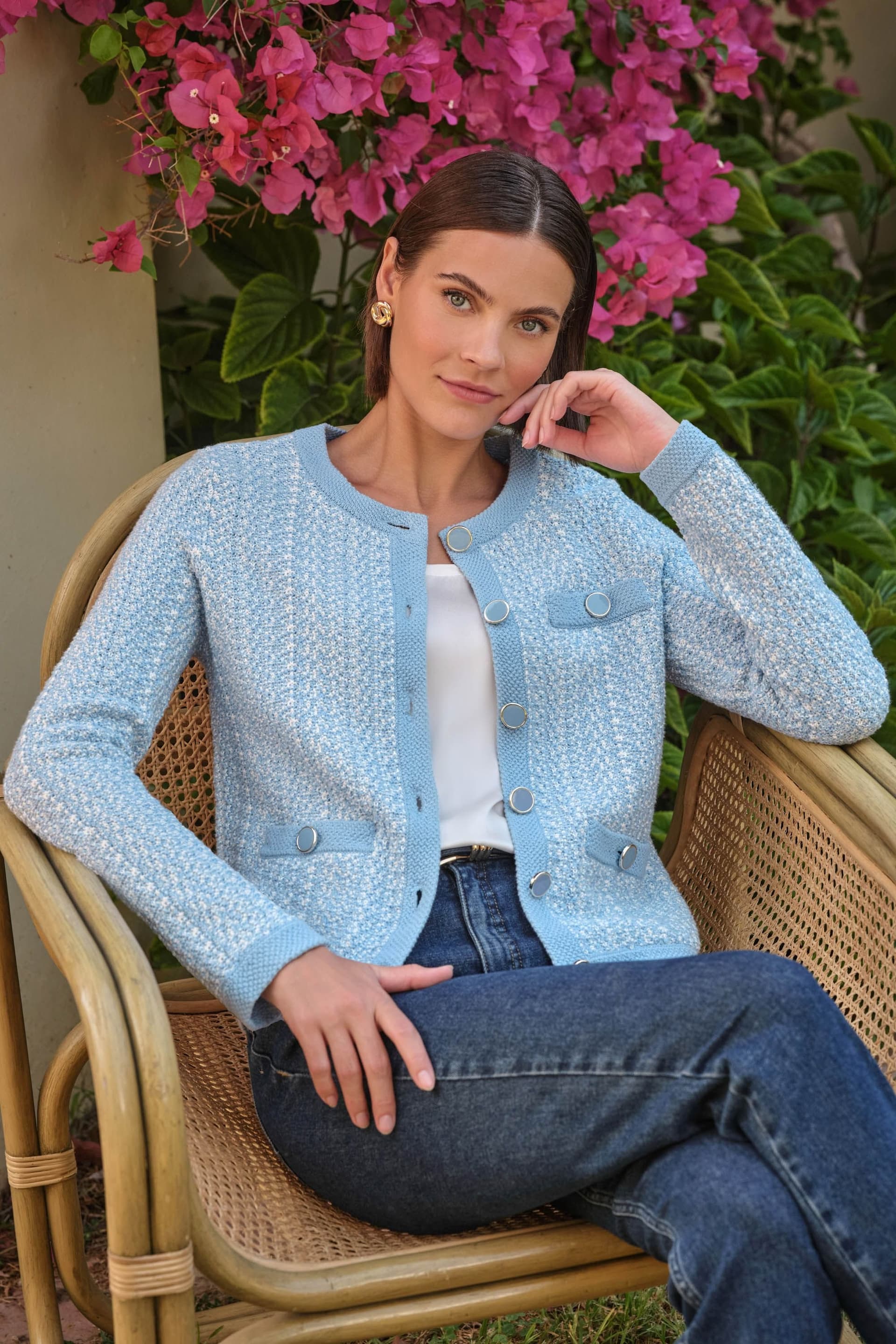 Pure Collection Pure Collection Women's COTTON TWEEDY CARDI in Light Blue