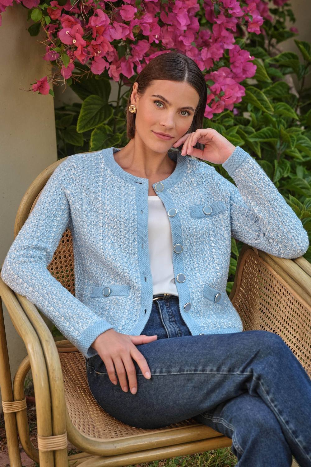 Pure Collection Pure Collection Women's COTTON TWEEDY CARDI in Light Blue - 3