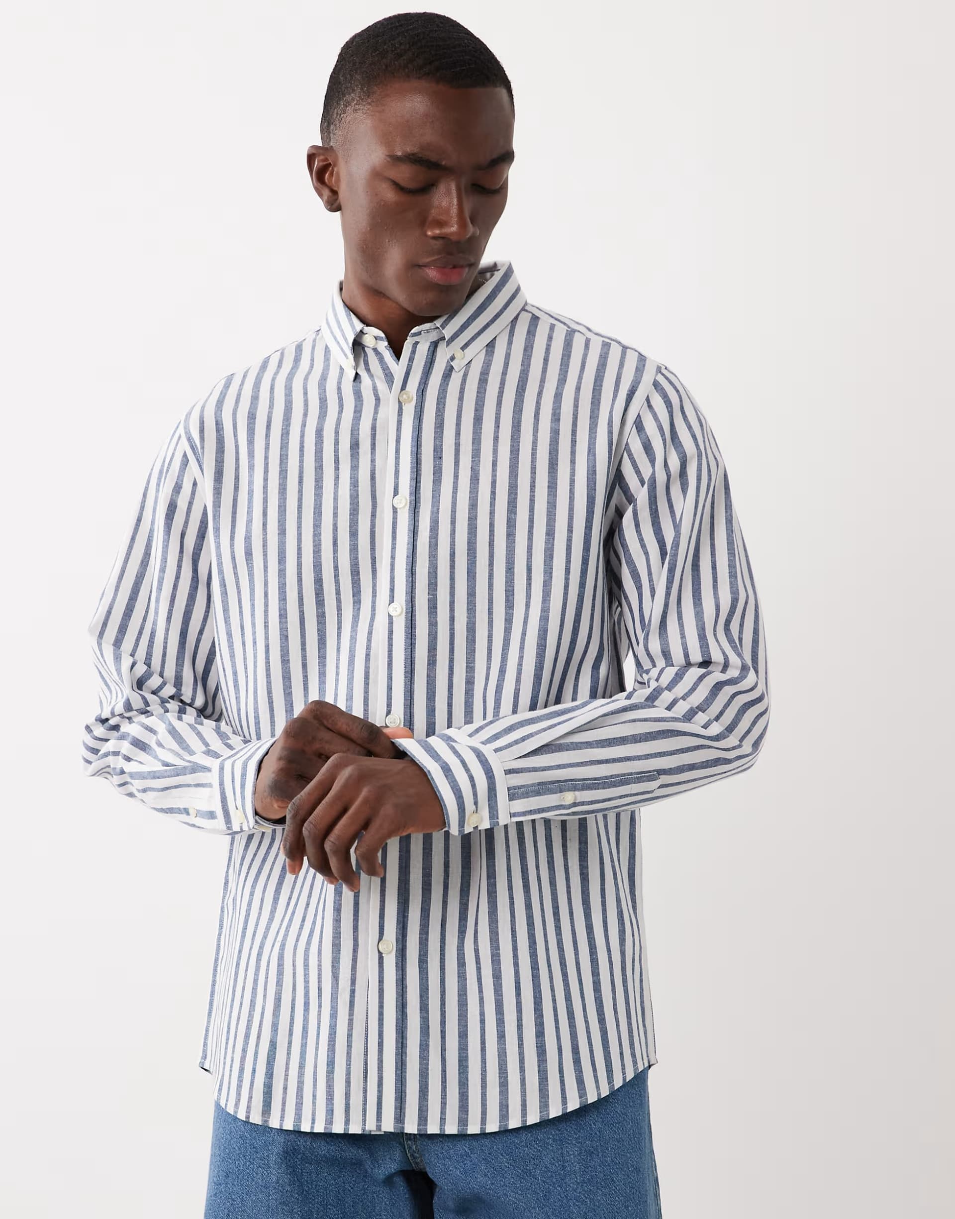 ASOS Threadbare long sleeve stripe shirt in white and blue