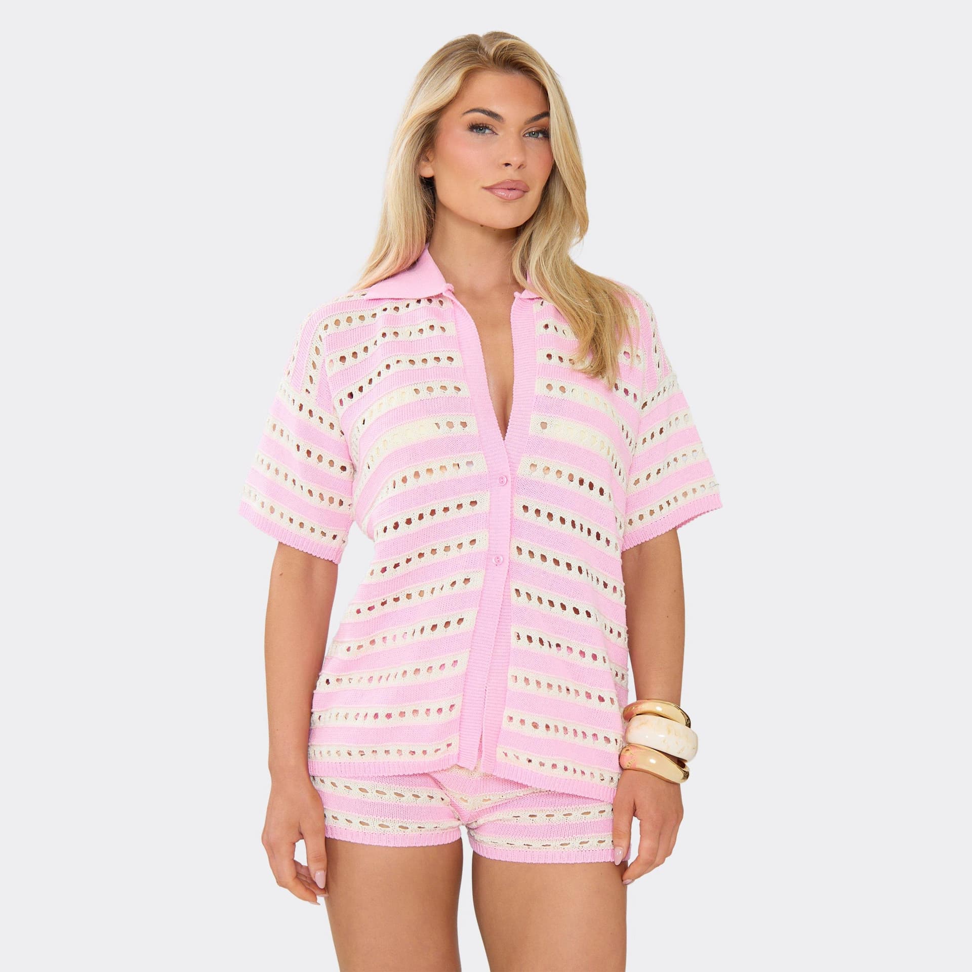 EGO Short Sleeve Shirt In Pink Stripe Crochet Knit, Women's Size UK M