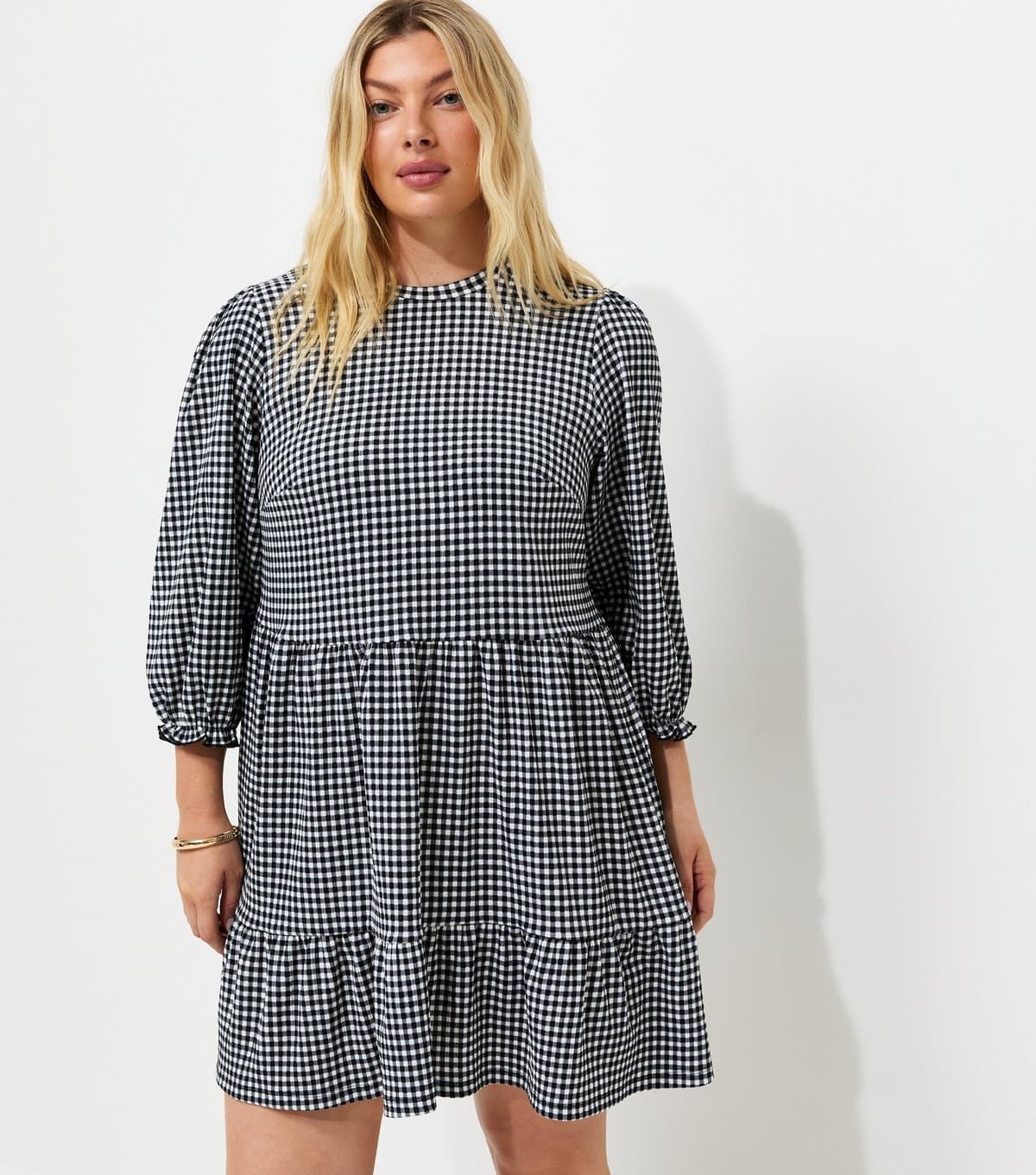 New Look Women's Plus Size Black Gingham Print Cropped Sleeve Mini Smock Dress Curves New Look