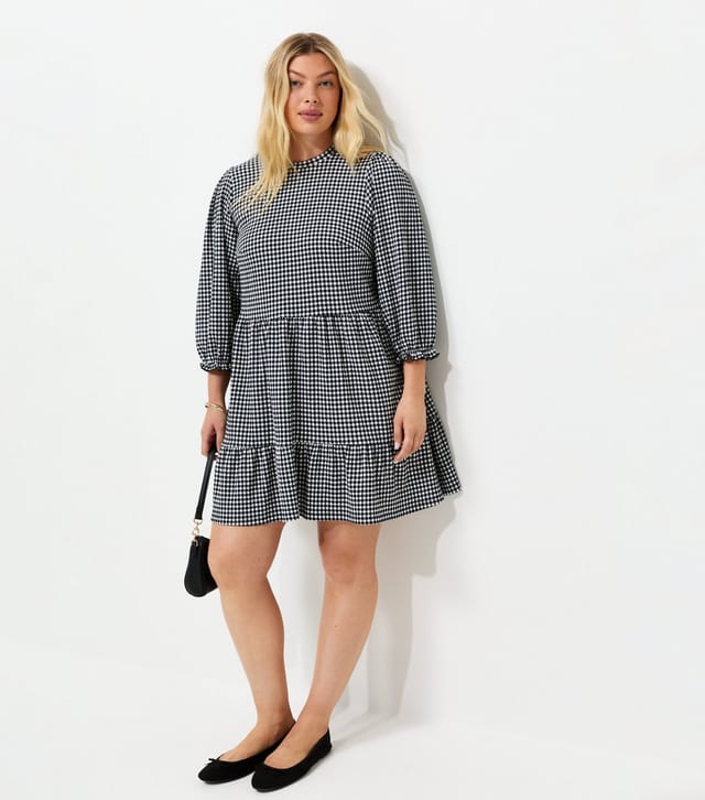 New Look Women's Plus Size Black Gingham Print Cropped Sleeve Mini Smock Dress Curves New Look - 3