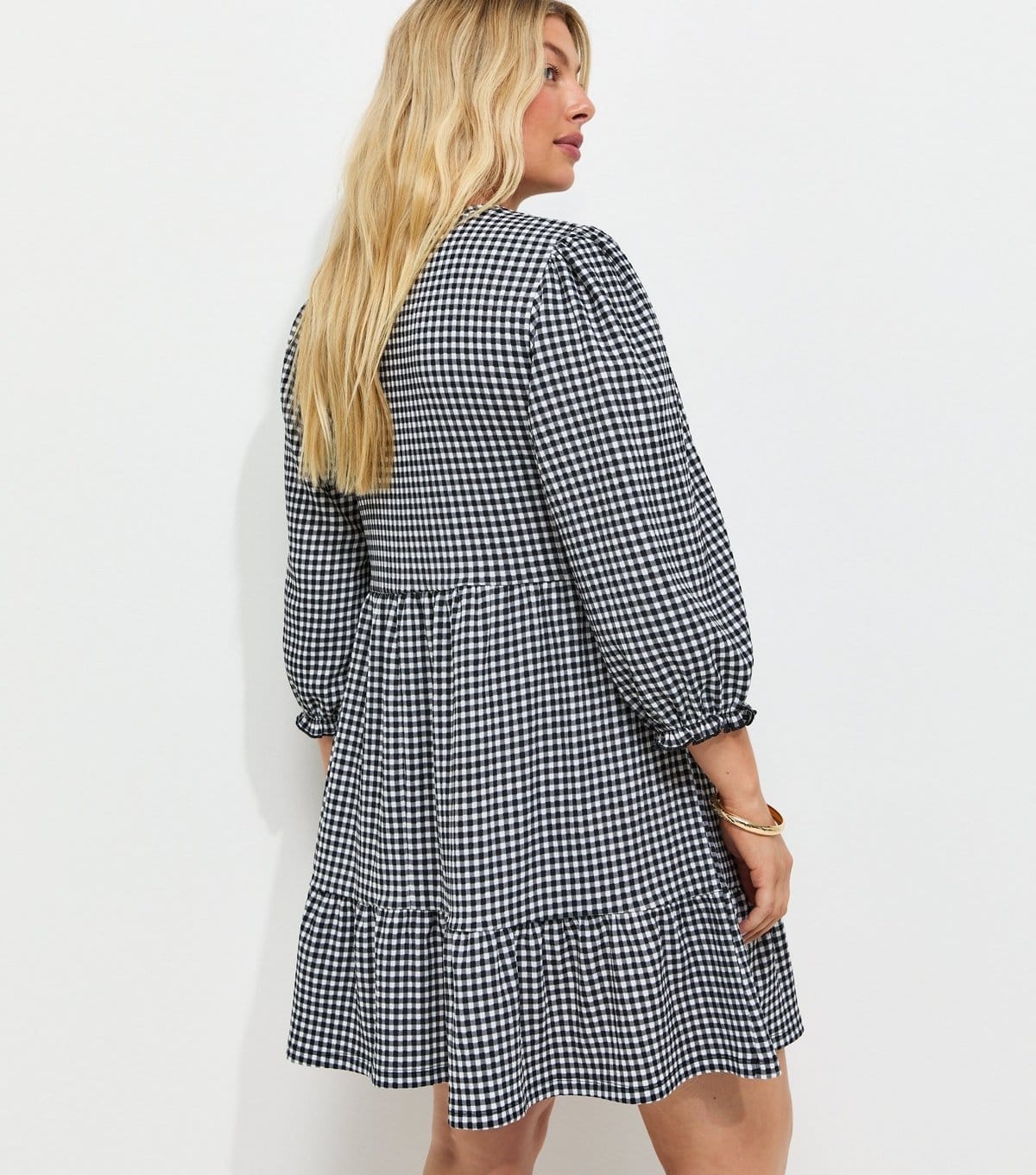 New Look Women's Plus Size Black Gingham Print Cropped Sleeve Mini Smock Dress Curves New Look - 4