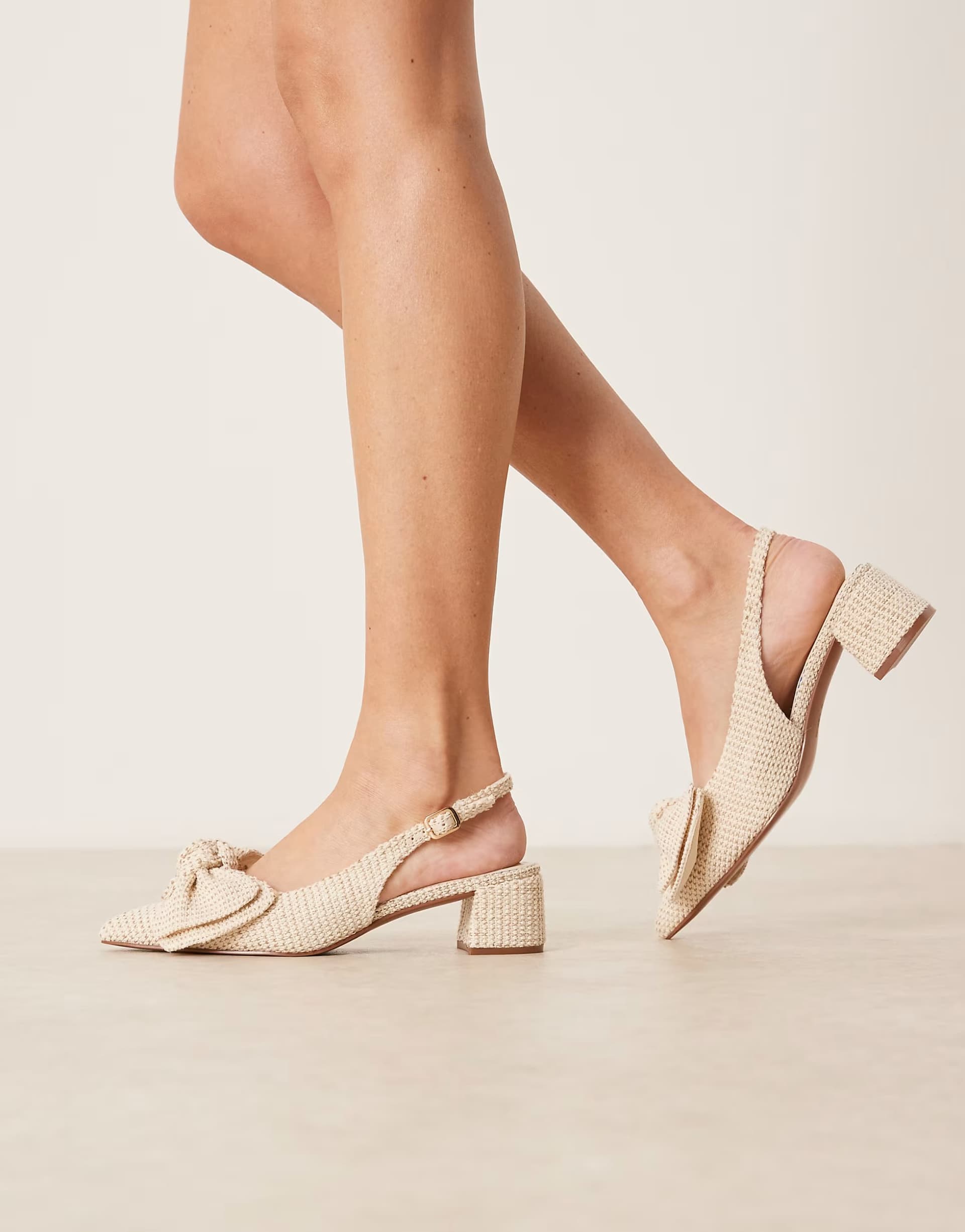 ASOS ASOS DESIGN Wide Fit Symbol bow slingback mid block heeled shoes in natural linen