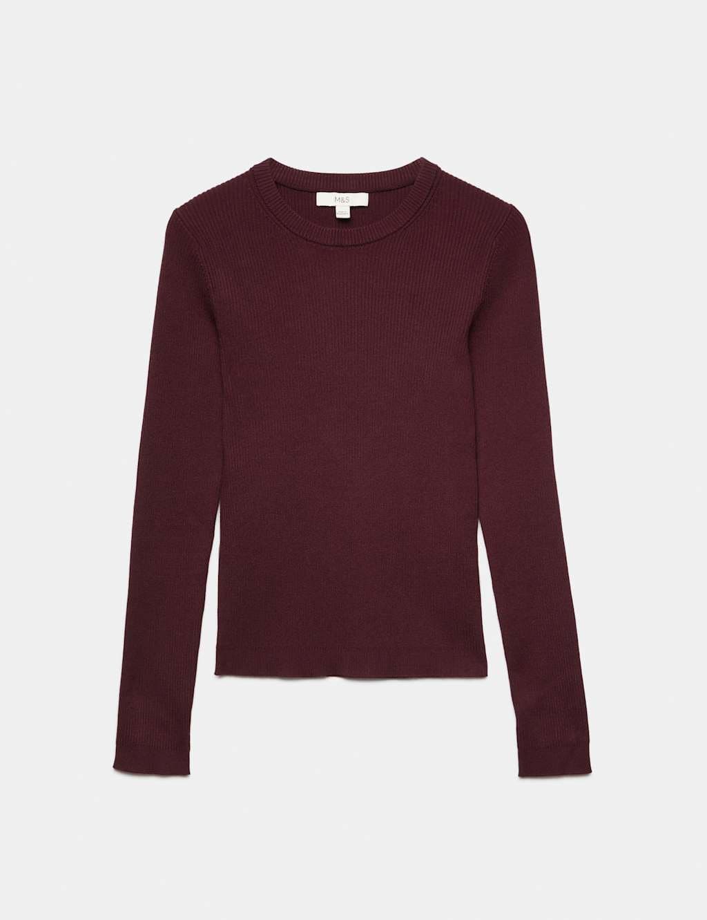 Marks & Spencer M&S Ribbed Crew Neck Fitted Jumper Burgundy