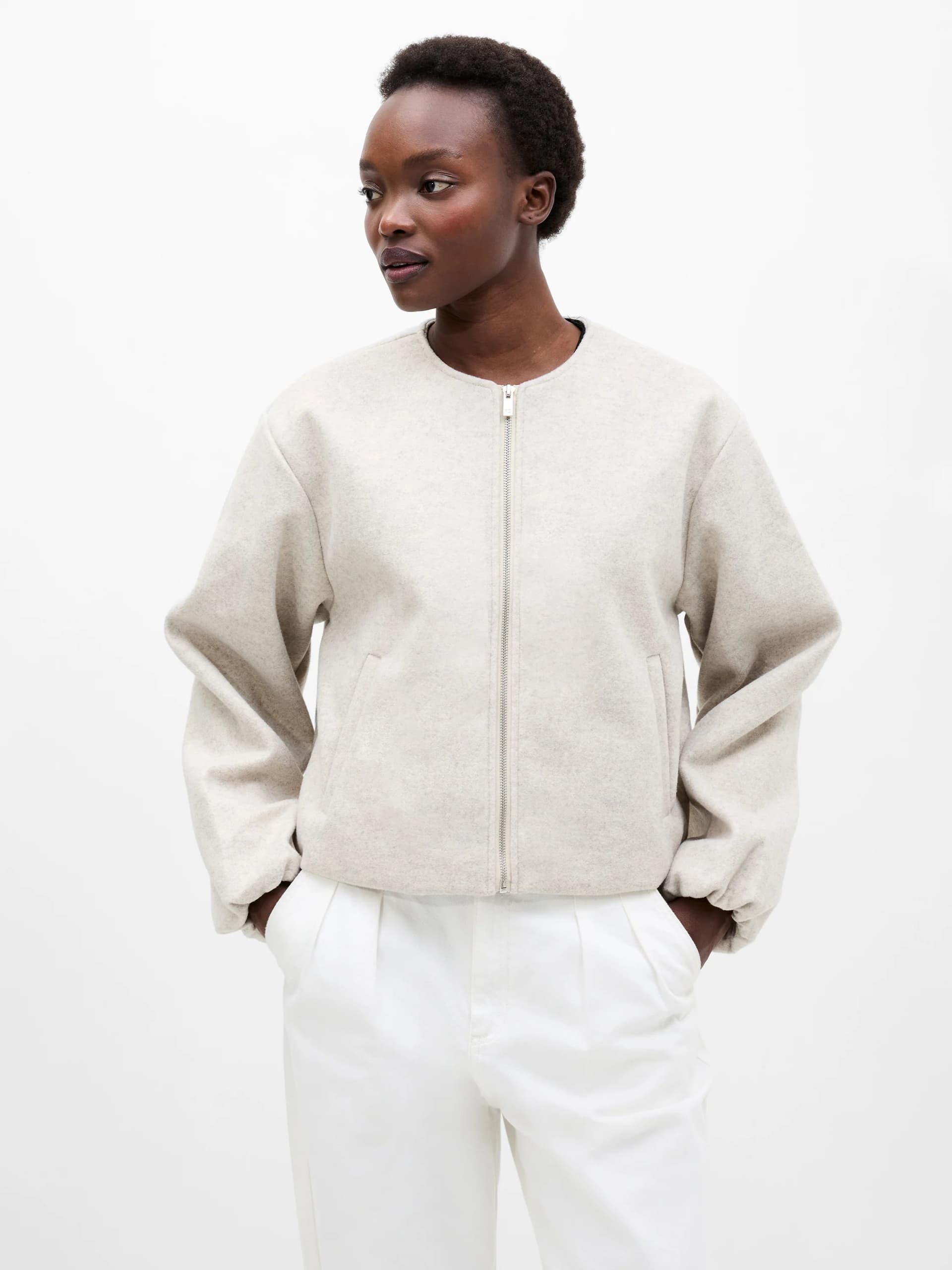 French Connection Clean Edge Bomber Oatmeal