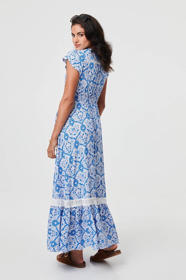 Izabel London Izabel London Women's Mosaic Print Cap Sleeve Maxi Dress in Blue - 3