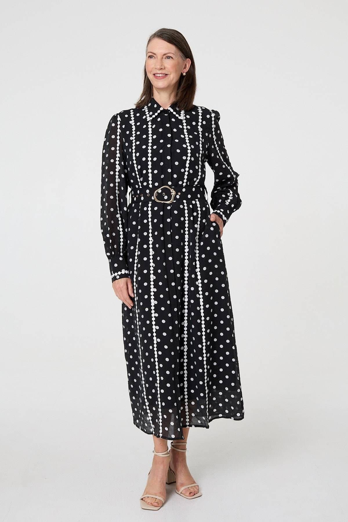 Izabel London Izabel London Women's Polka Dot Belted Maxi Shirt Dress in Black
