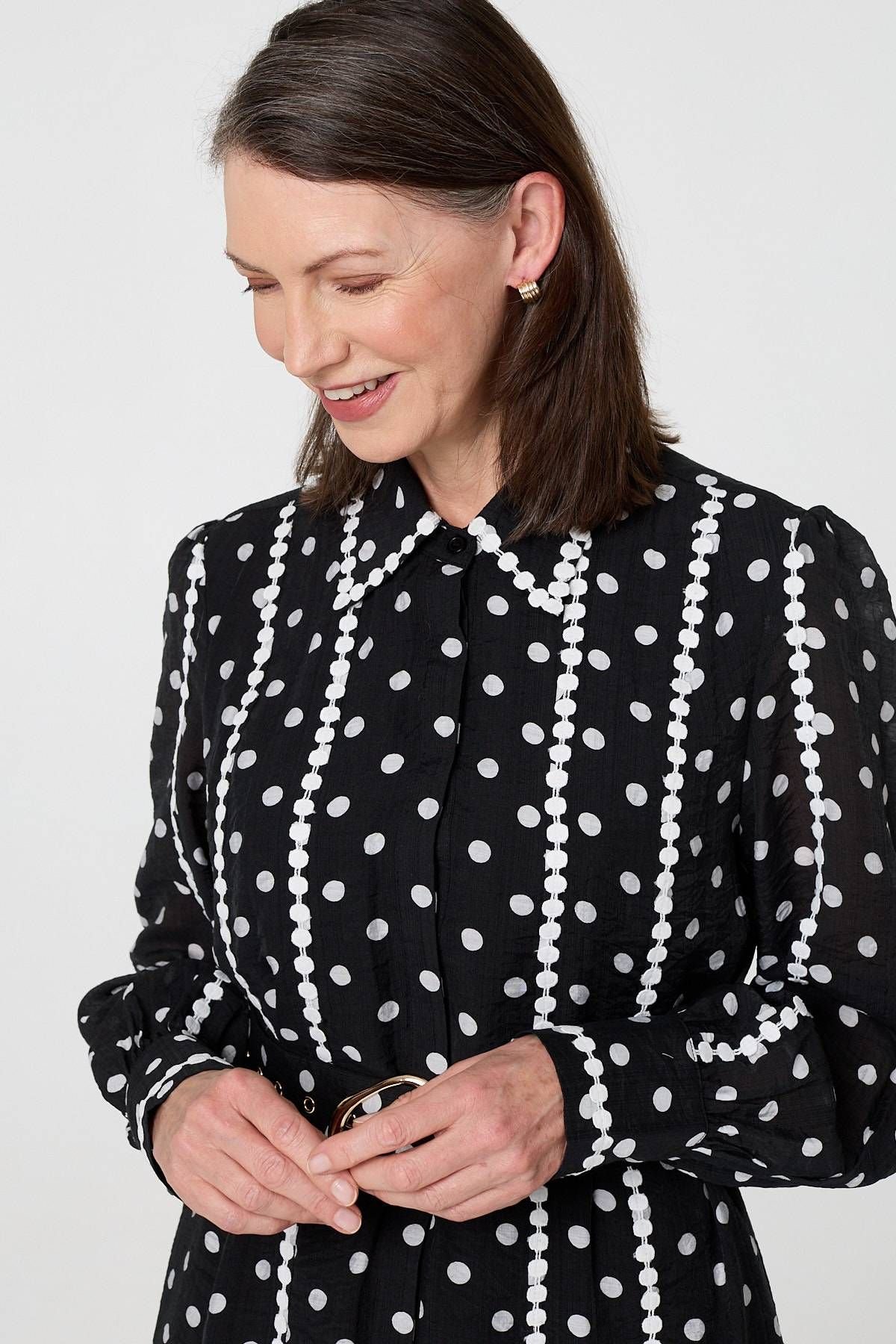 Izabel London Izabel London Women's Polka Dot Belted Maxi Shirt Dress in Black - 2