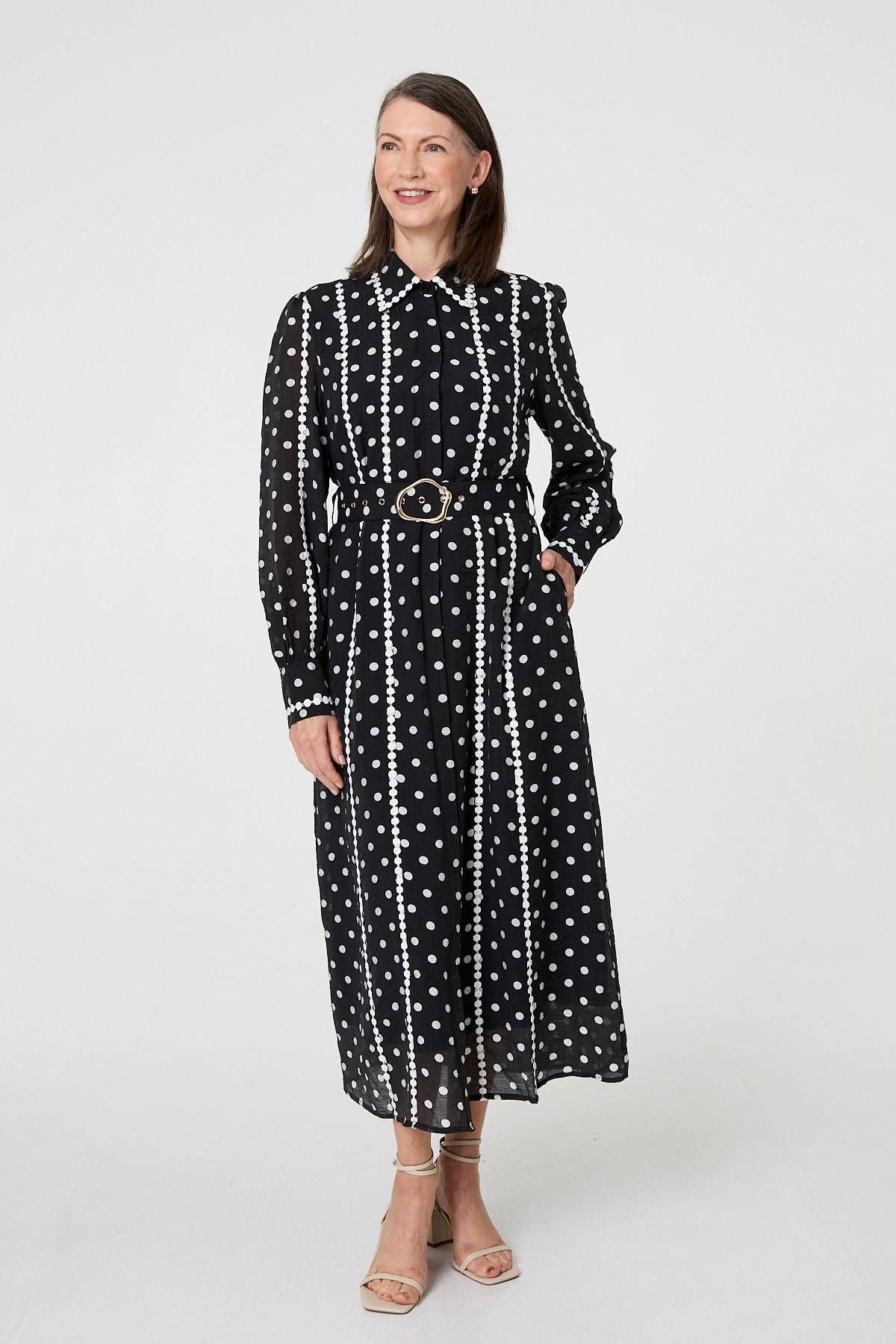 Izabel London Izabel London Women's Polka Dot Belted Maxi Shirt Dress in Black - 3