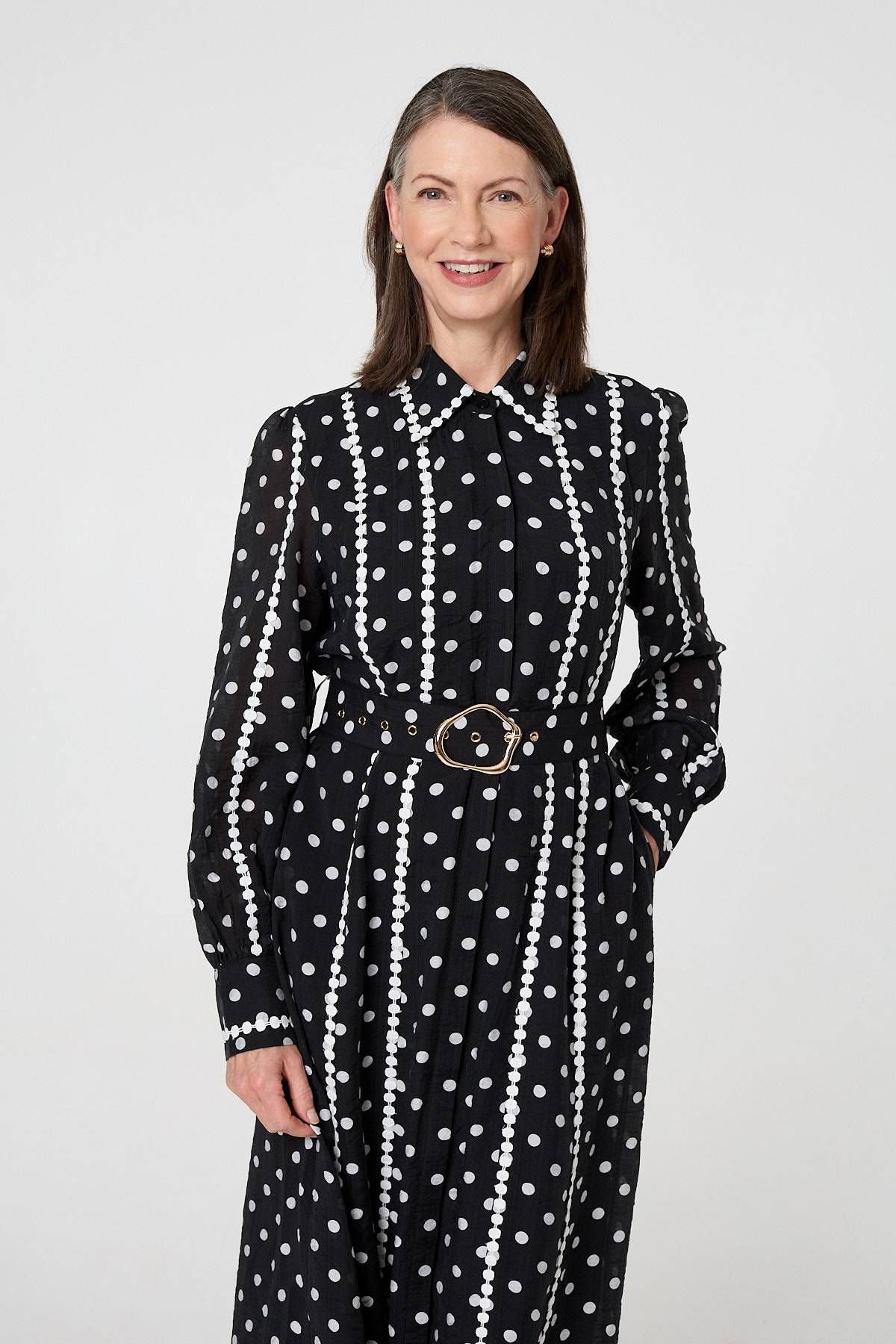 Izabel London Izabel London Women's Polka Dot Belted Maxi Shirt Dress in Black - 4