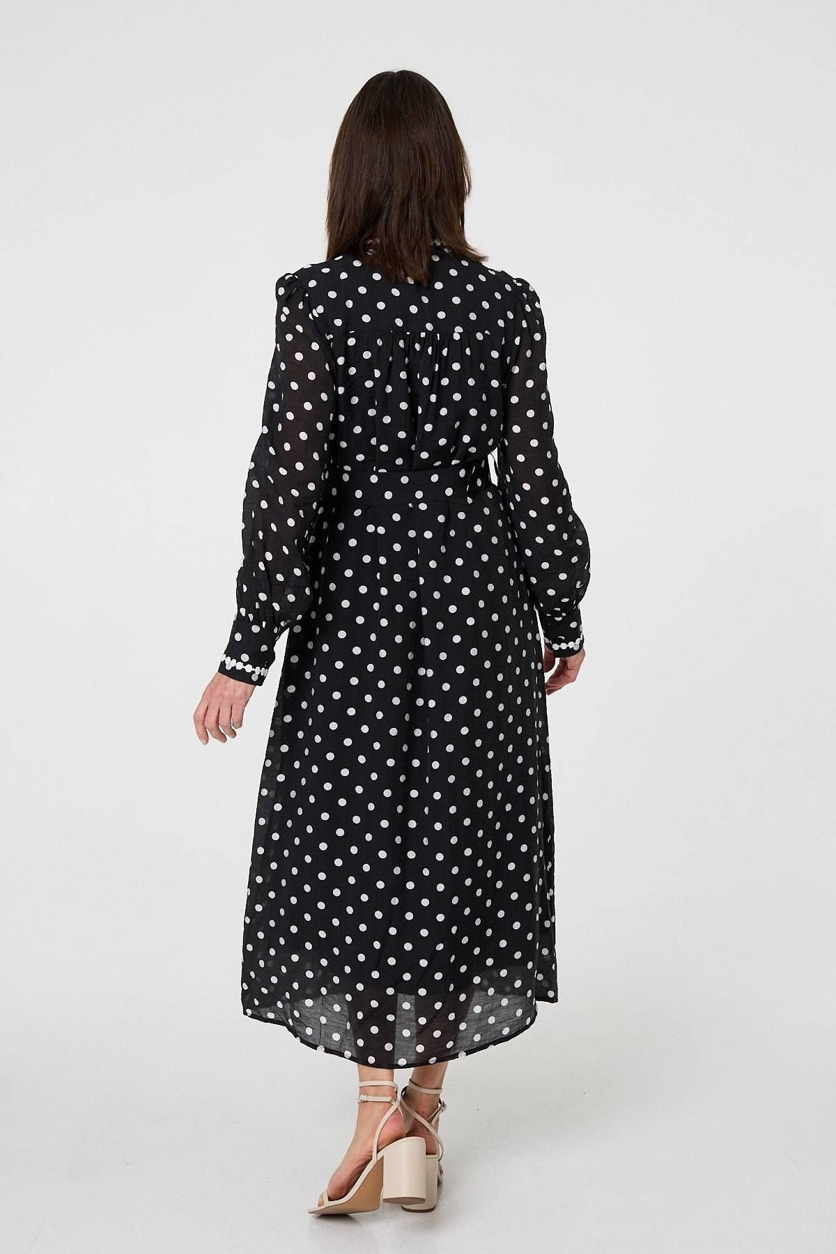 Izabel London Izabel London Women's Polka Dot Belted Maxi Shirt Dress in Black - 4