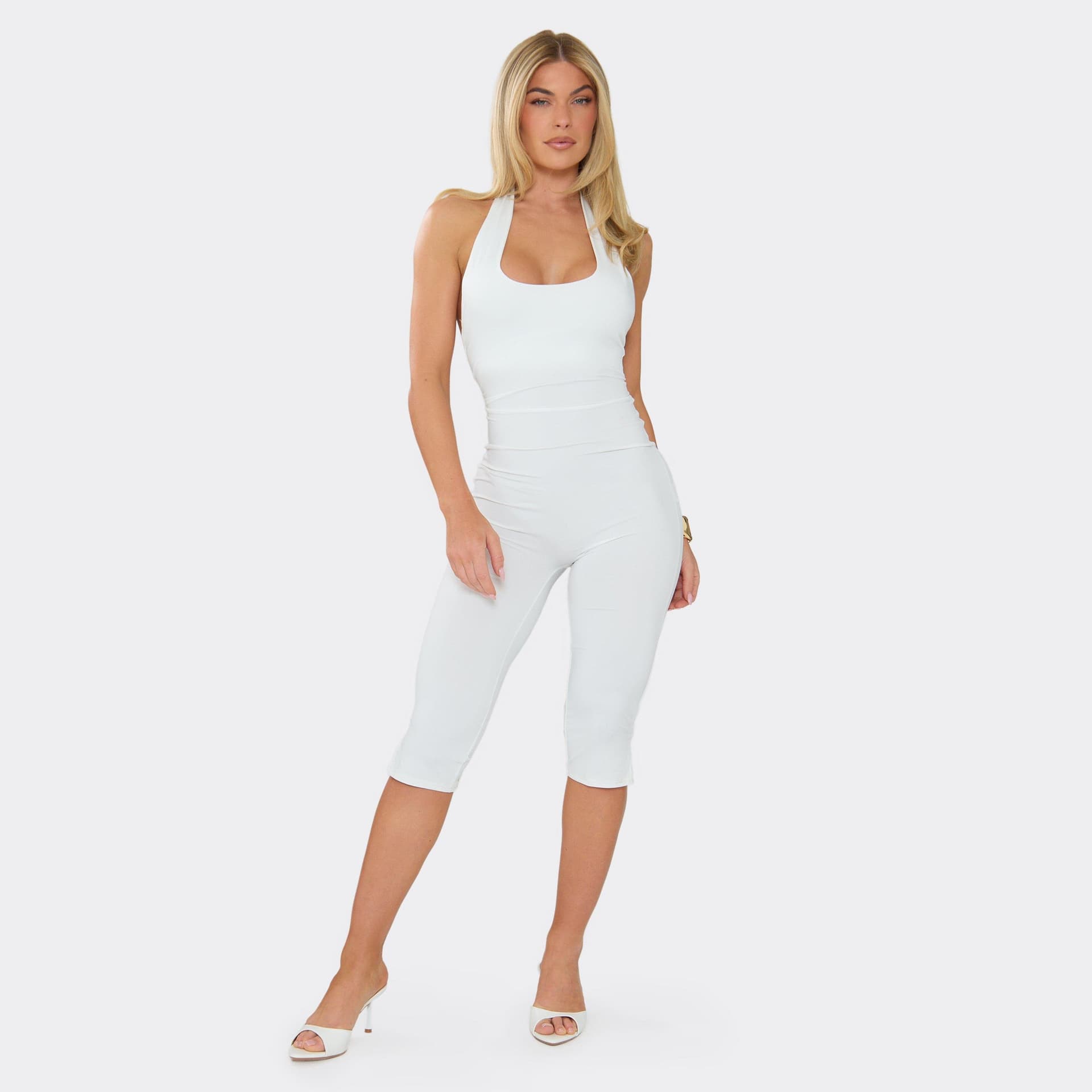 EGO Square Neck Line Detail Capri Jumpsuit In White, Women's Size UK L