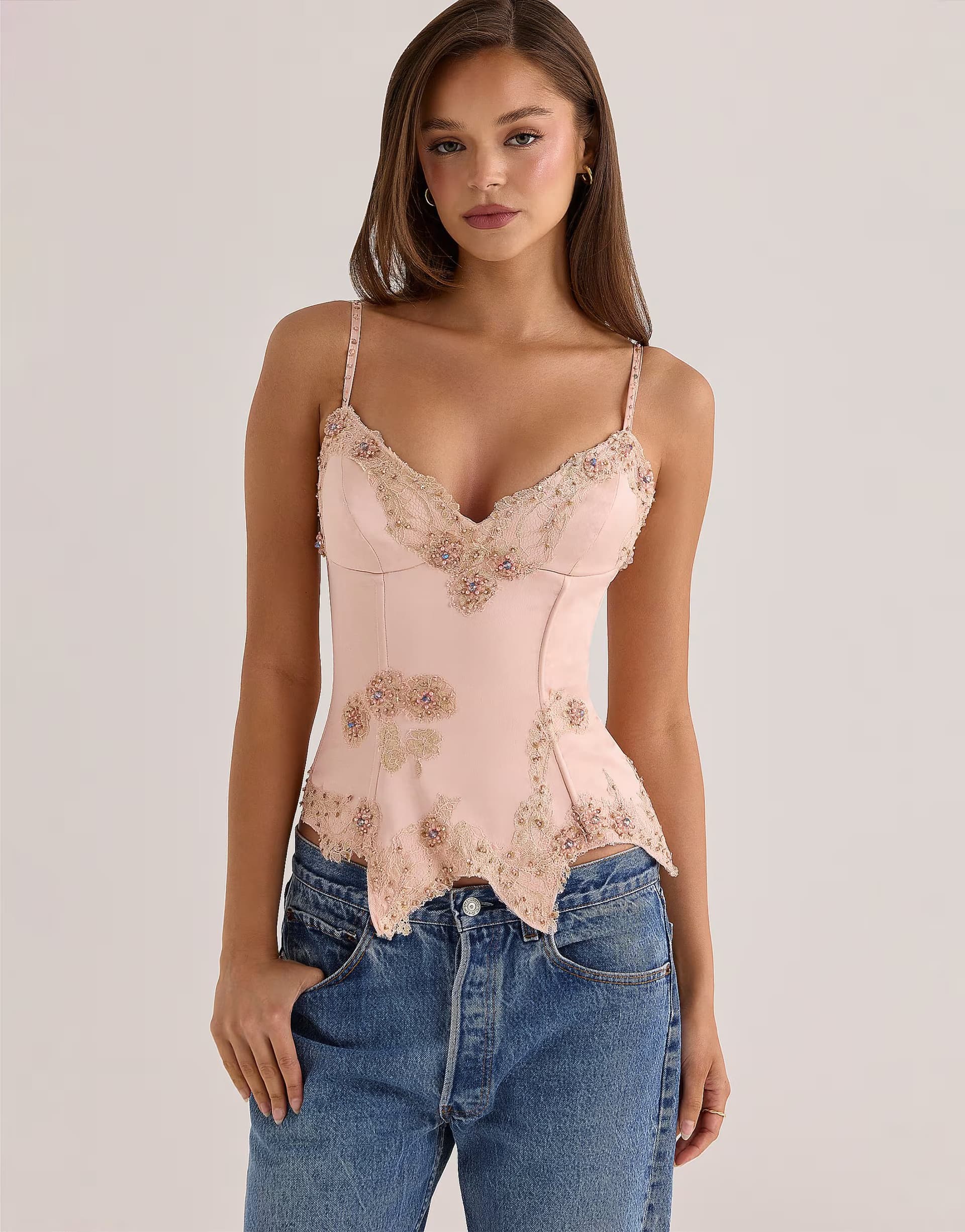 ASOS House of CB Saloma blush satin custom hand beaded embellished corset top - limited edition in blush