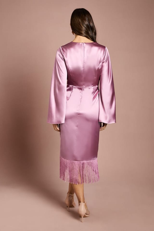 Coast Coast Women's Satin Fringe Hem Wrap Waist Midi Dress in Rose - 3