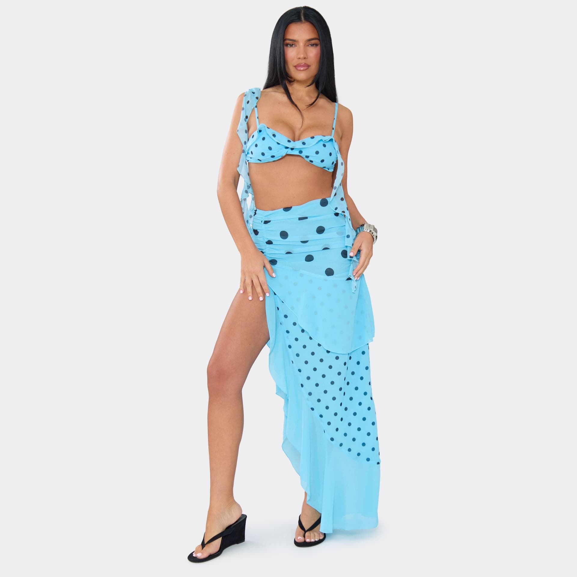 EGO Frill Drape Tiered Side Split Maxi Skirt In Blue Polka Dot, Women's Size UK 6