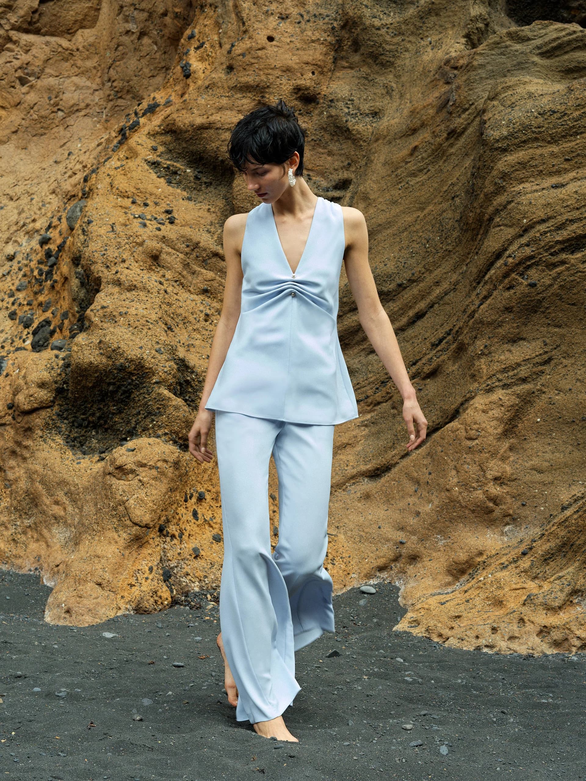 French Connection Arlette Flared Leg Trousers Powder Blue