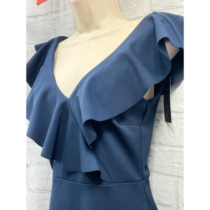 New Look New Look Bodycon Dress Navy Blue Size 10 Frilly V-Neck Strappy Sleeve Smart BNWT